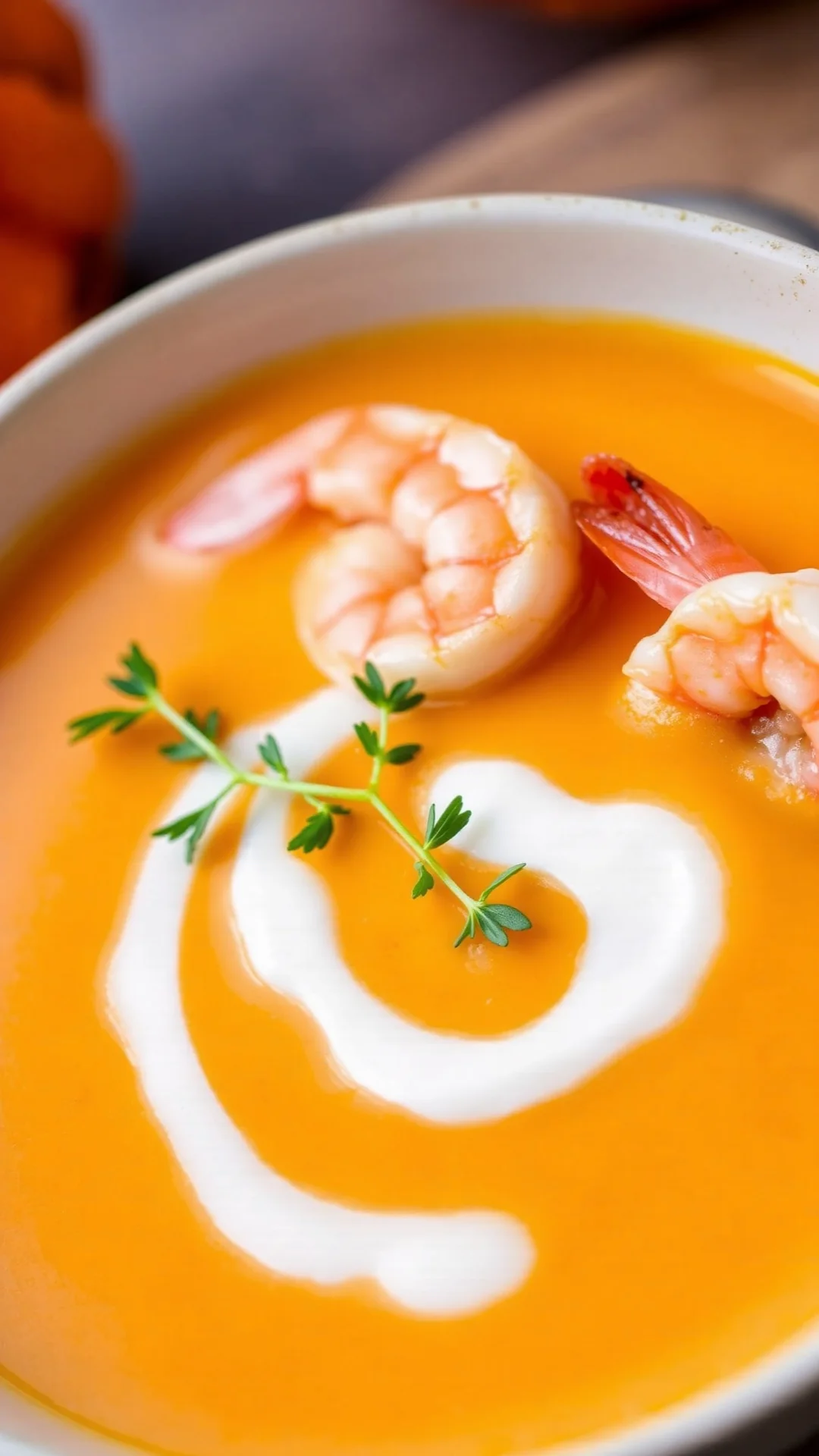 Delicate bowl of creamy butternut squash soup with saffron, topped with fresh pink shrimp, crème fraîche swirl, garnish of