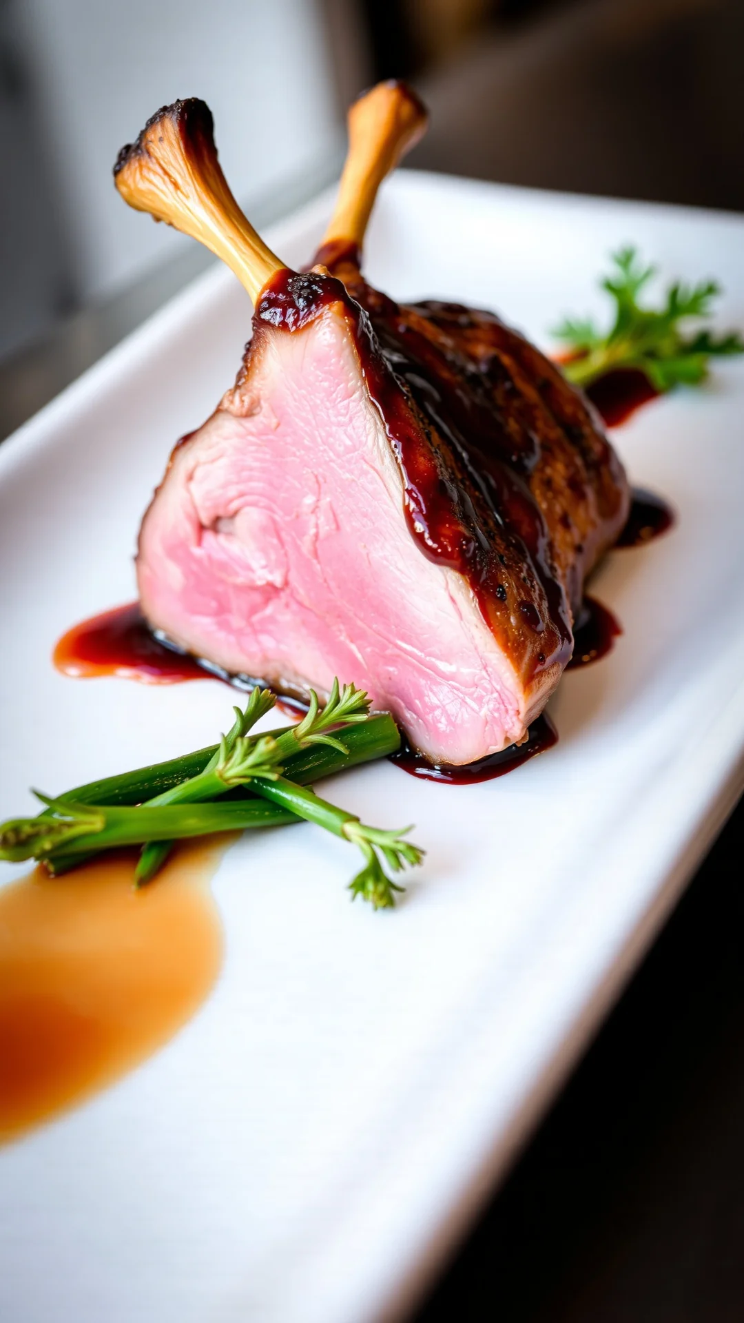 Duck magret rare medium, cherry cassis reduction glaze, gourmet plating, fine dining presentation