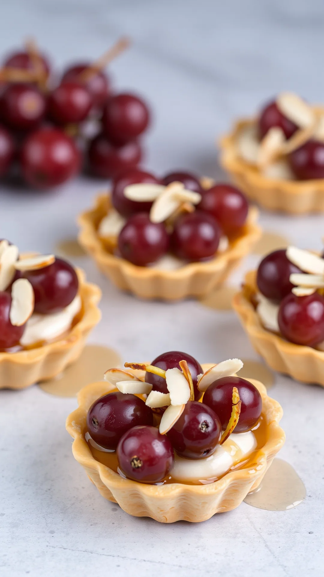 Elegant grape and honey tartlets with cream filling, glistening grapes and almond slivers, honey drizzle, gourmet presentatio