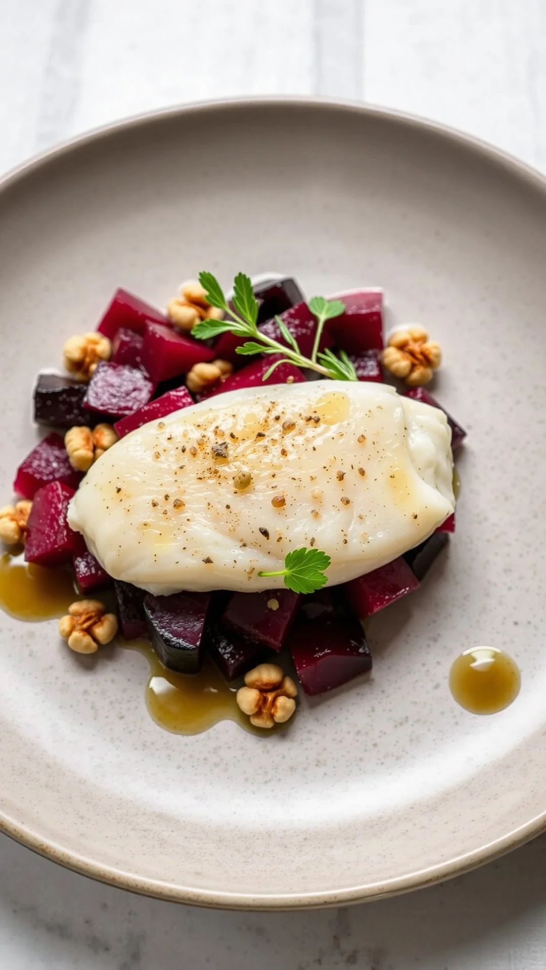 Fish fillet on bed of diced beets with walnuts, aneth herbs, elegant plating, fine dining presentation