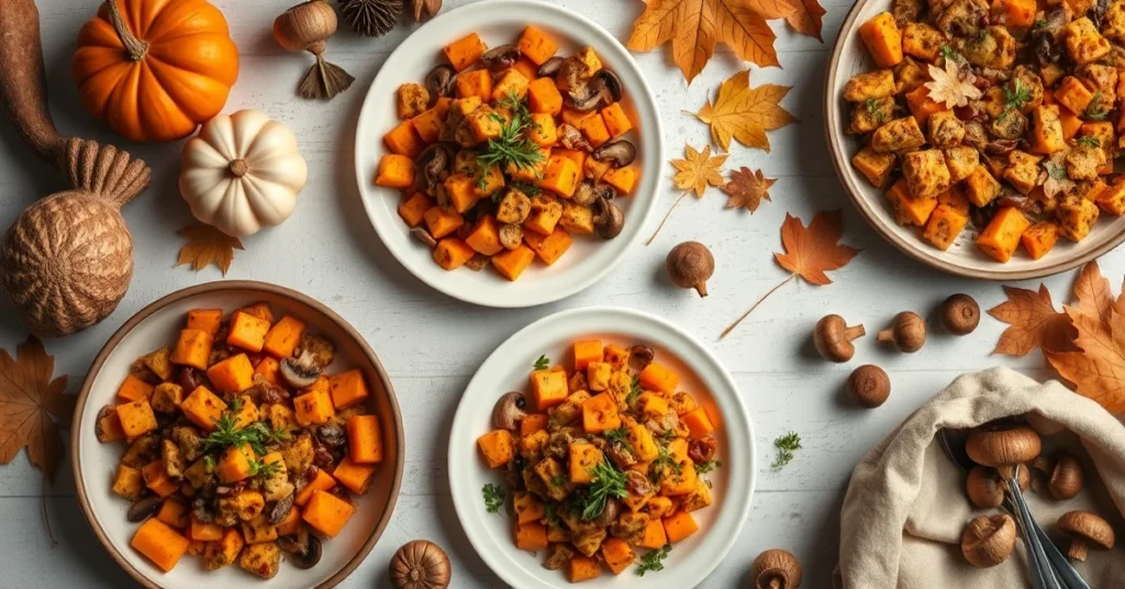Flat lay overhead autumn harvest comfort food spread, butternut squash dishes, wild mushrooms, fresh vegetables, warm golden