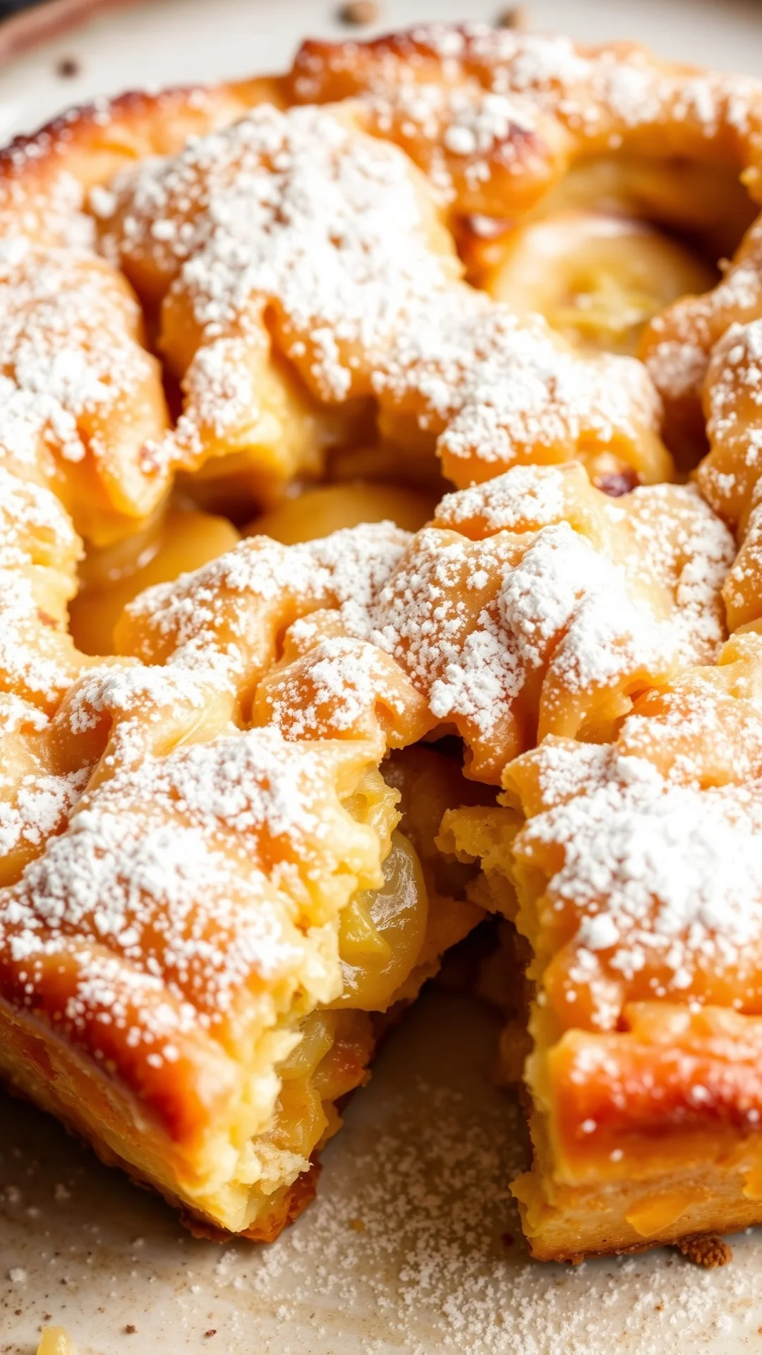 Fluffy apple clafoutis dusted with powdered sugar, baked golden, served on rustic plate, close-up detail, warm natural light,