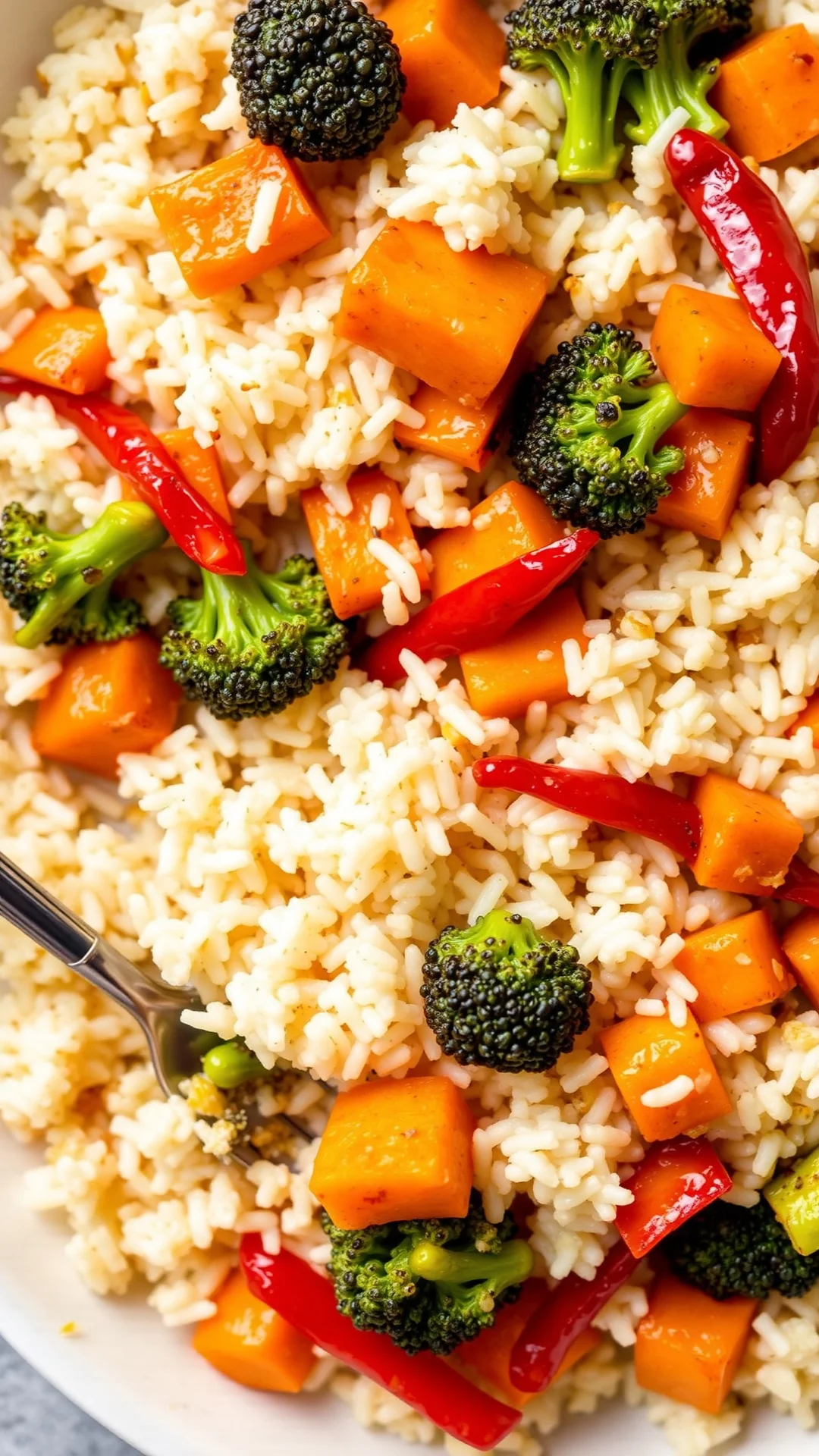 Fluffy basmati rice with roasted butternut squash, broccoli, and red pepper, vibrant colors, overhead shot
