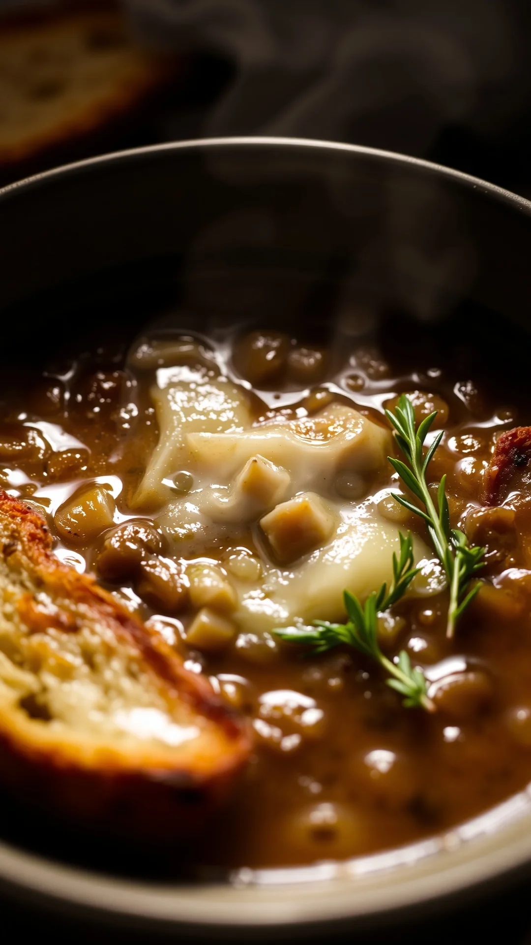 French onion soup with melted gruyere cheese and crusty bread, bubbling hot, dramatic lighting