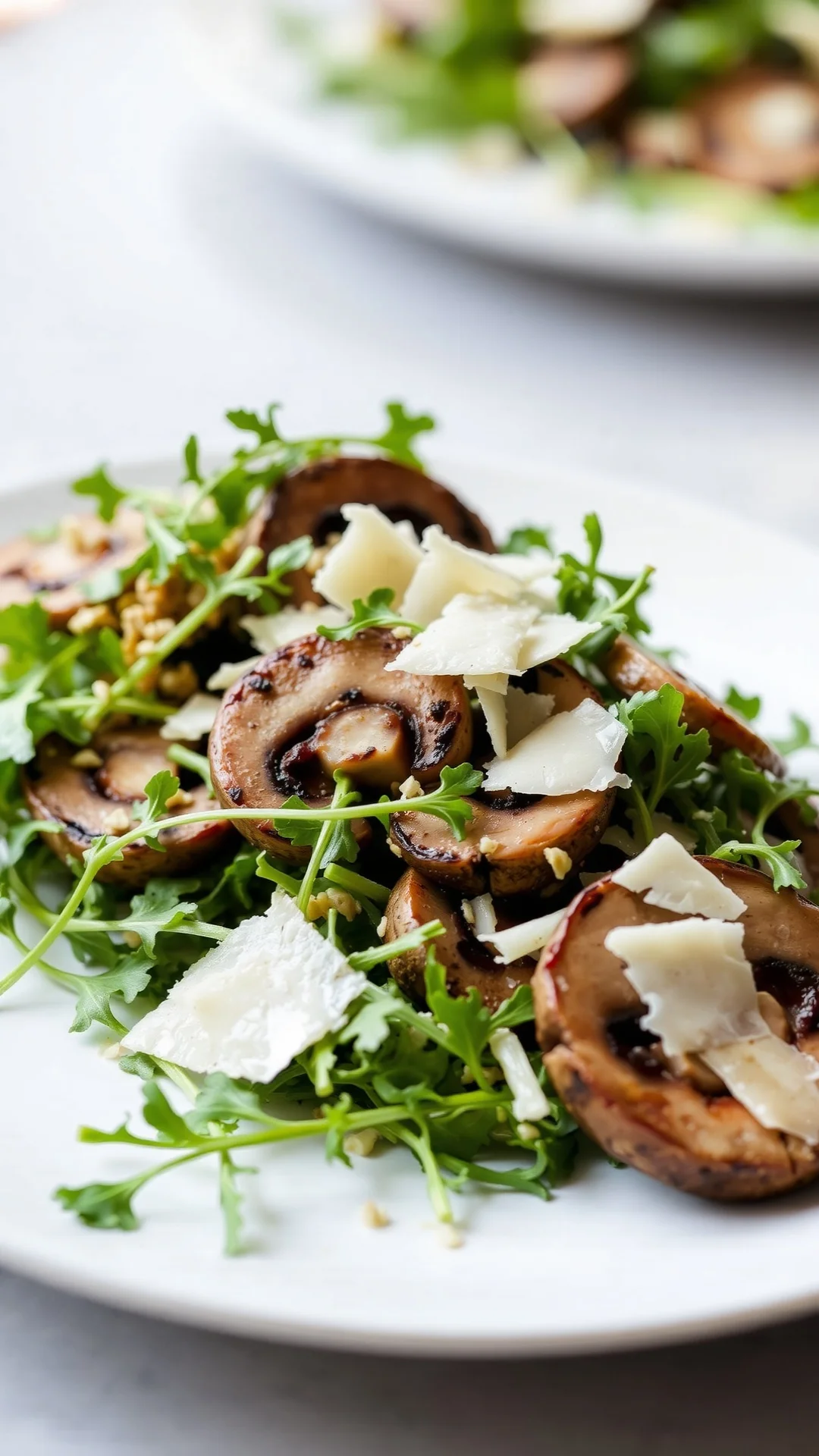 Fresh mushroom salad with arugula and parmesan shavings, side view, natural daylight, elegant plating