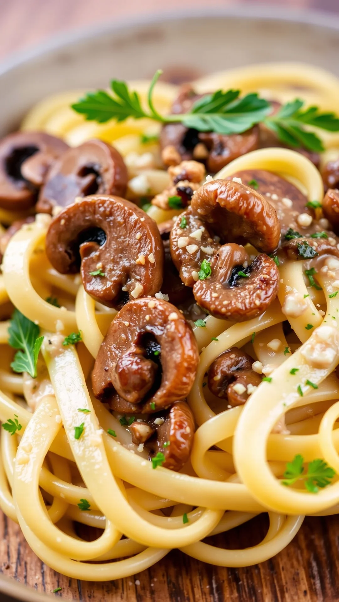 Fresh tagliatelle with wild mushrooms and truffle oil, creamy mushroom sauce, Italian pasta close-up with fresh herbs