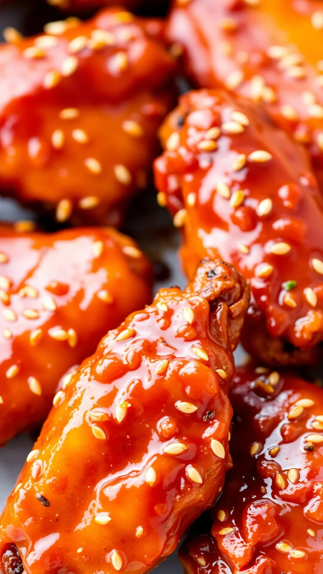 Glazed chicken wings coated in spicy pumpkin sauce with sesame seeds, detailed close-up of glossy autumn-colored coating