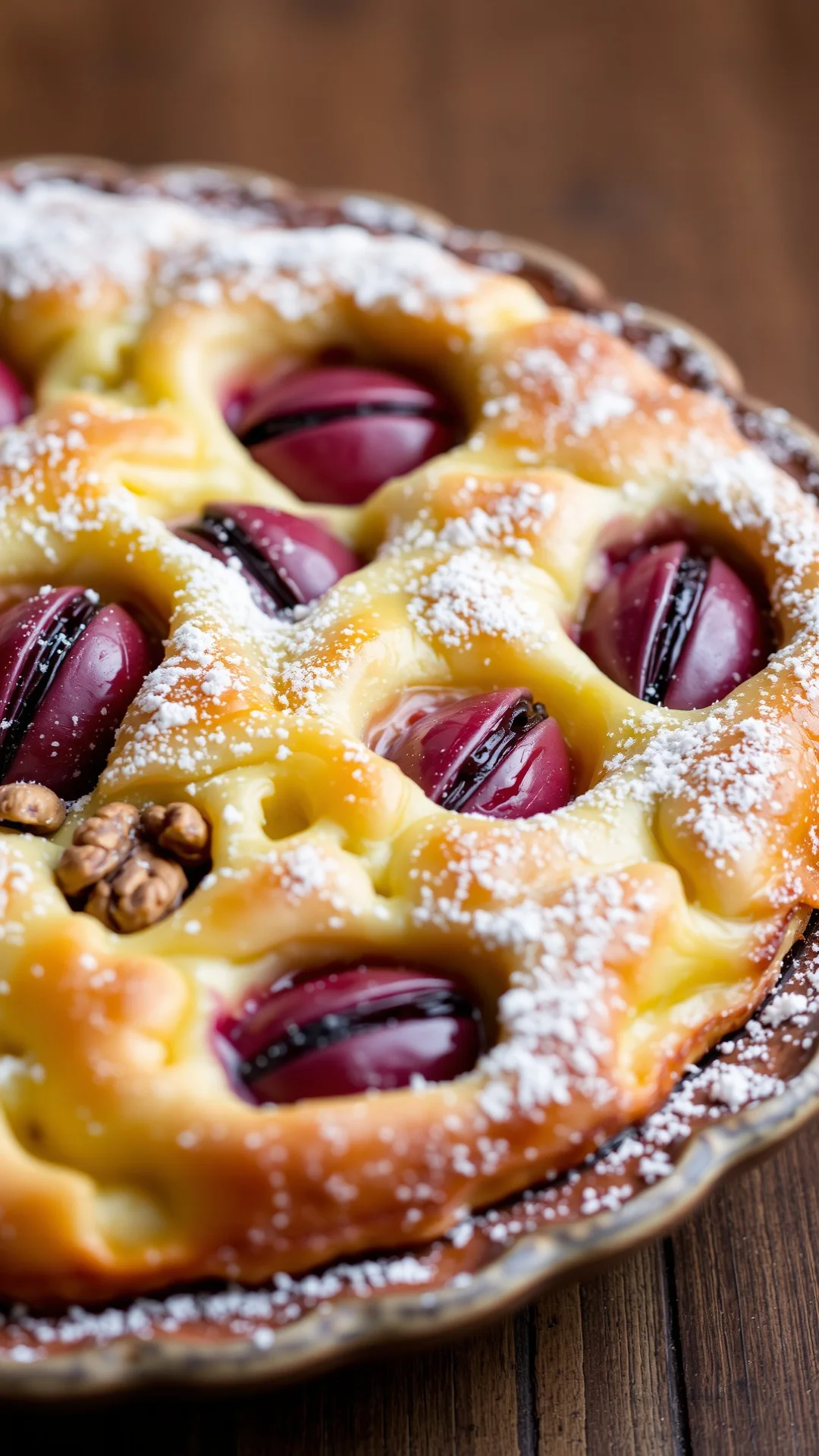 Golden baked clafoutis with red grapes and walnuts embedded in custard, dusted with powdered sugar, rustic ceramic dish, natu