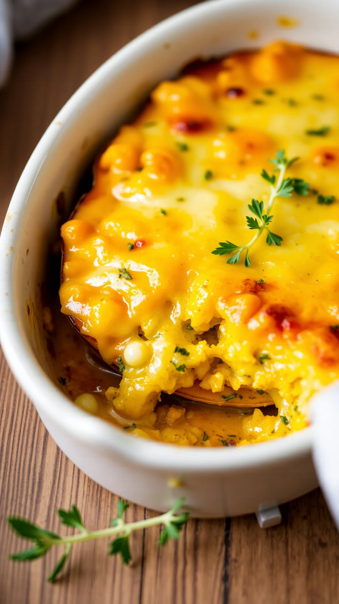 Golden baked squash gratin with melted cheese topping, bubbling hot from oven, fresh herbs garnish, appetizing food photograp
