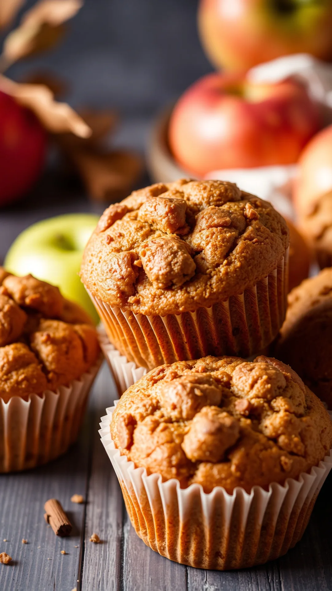 Golden brown apple cinnamon muffins in paper liners, close-up macro photography, warm autumn lighting, fresh apples scattered
