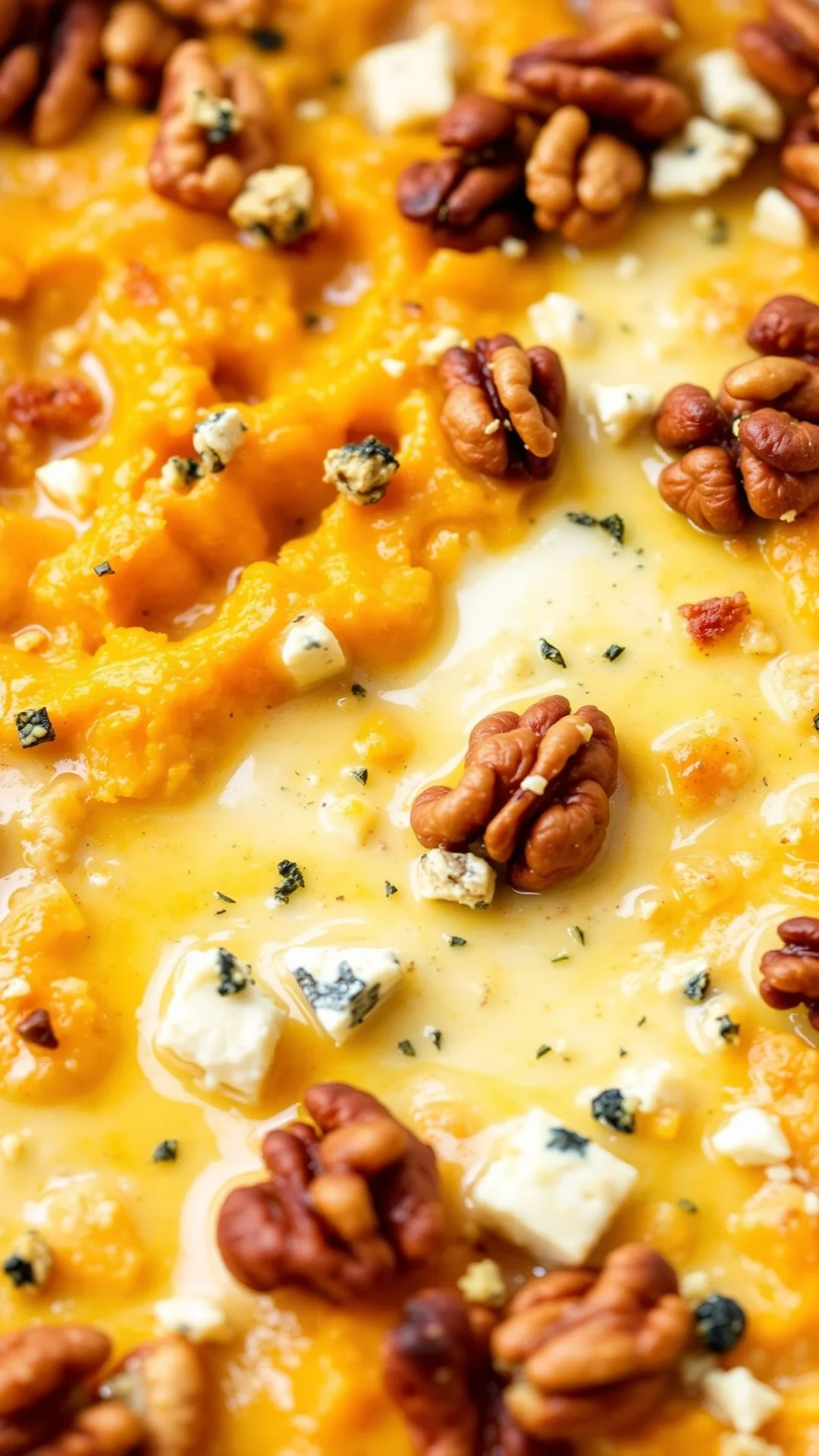 Golden butternut squash gratin with blue cheese, roasted walnuts, creamy sauce, baked golden crust, autumn harvest vegetable