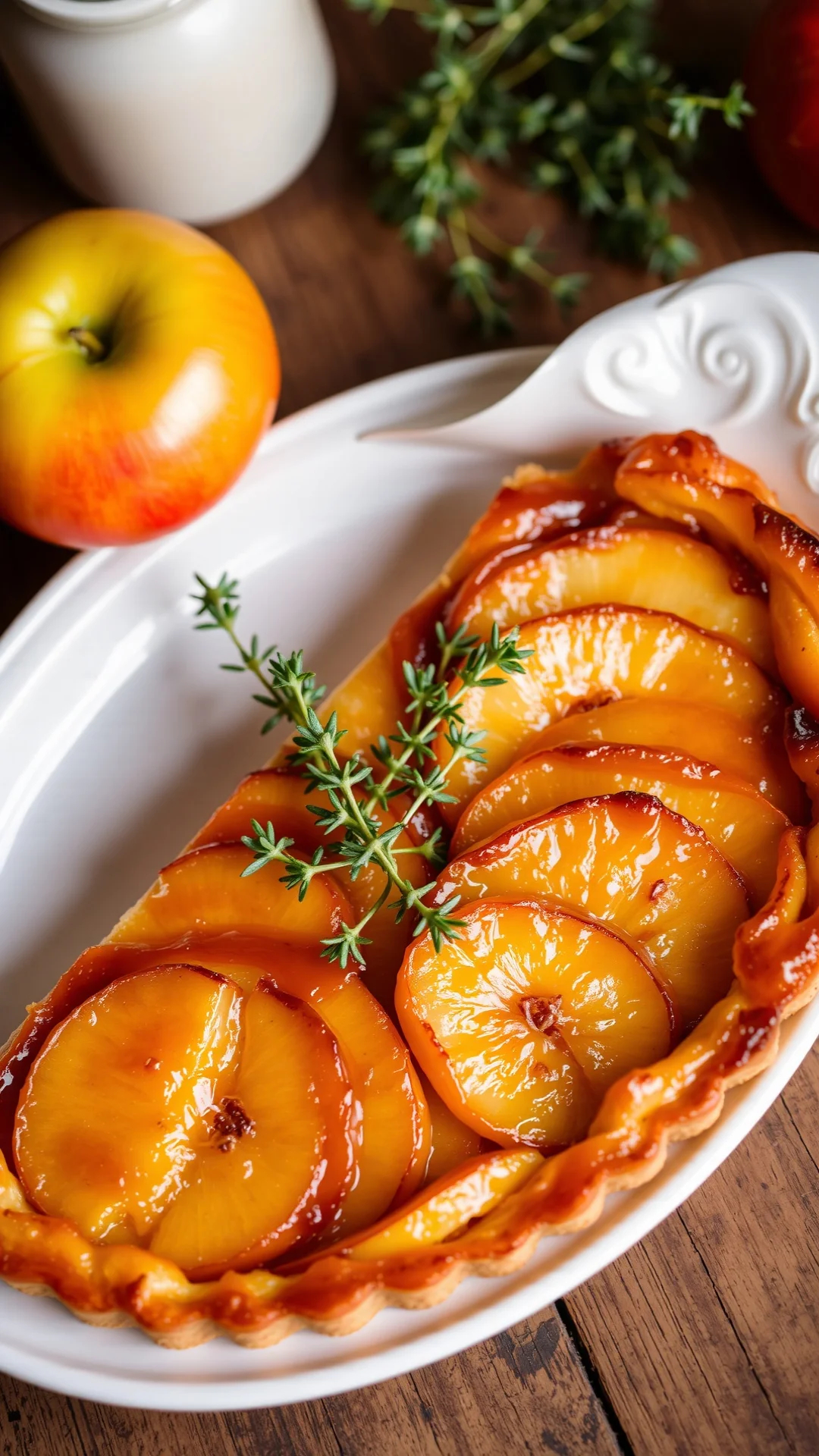 Golden caramelized apple tatin tart, fresh thyme garnish, rustic wooden table, golden hour lighting, overhead close-up shot