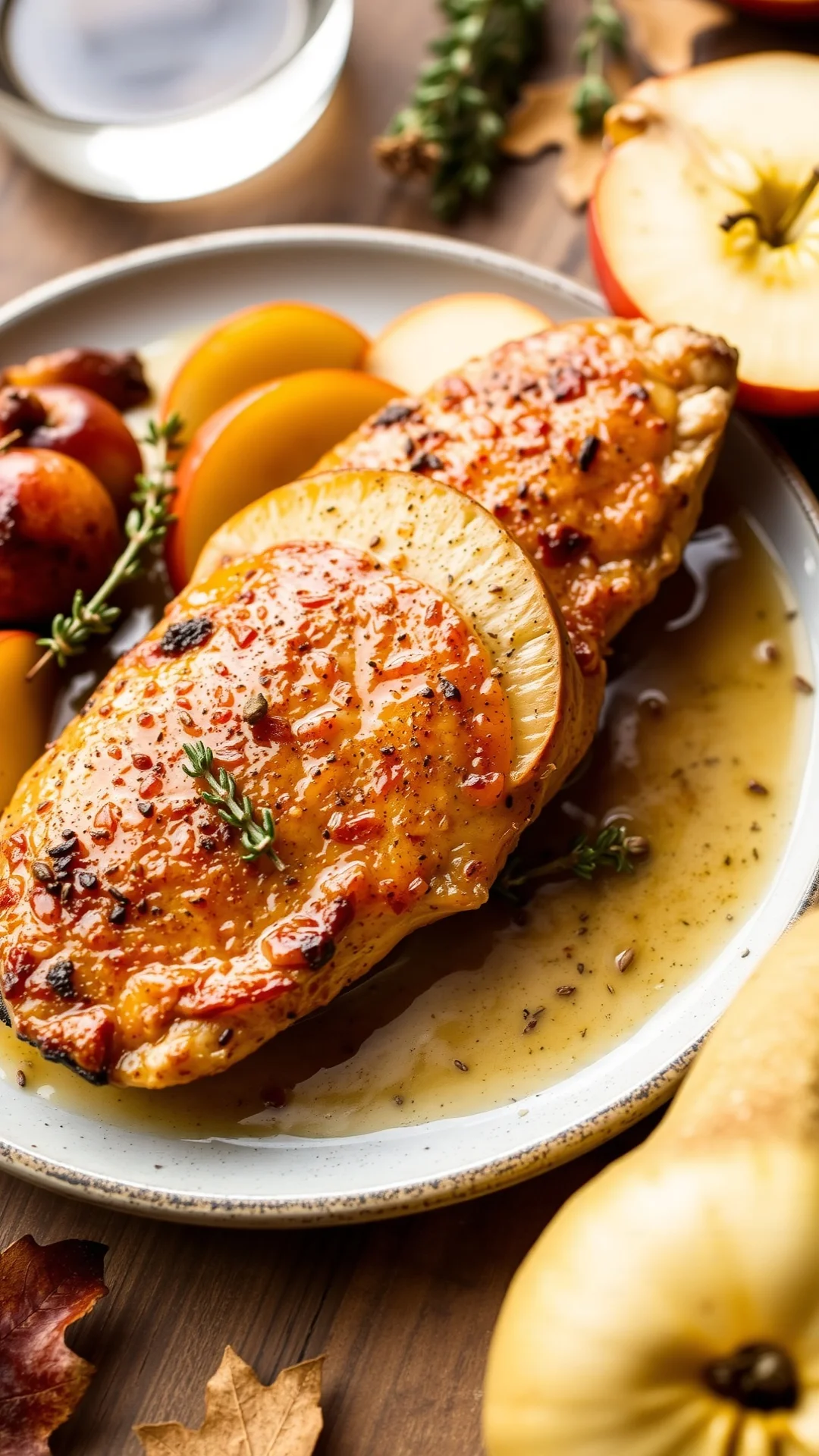 Golden chicken breast with apple slices and thyme, white wine sauce, rustic plating, autumn table setting