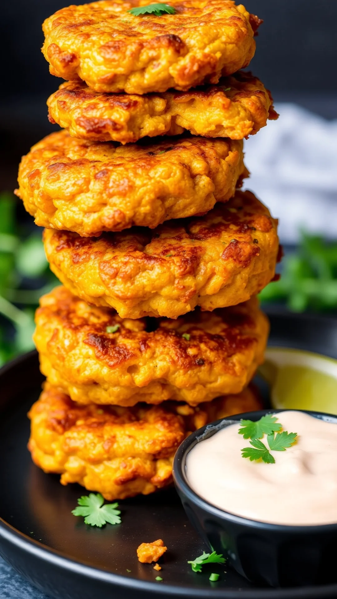 Golden crispy pumpkin fritters stacked high with dipping sauce, garnished with fresh herbs, close-up professional food photog