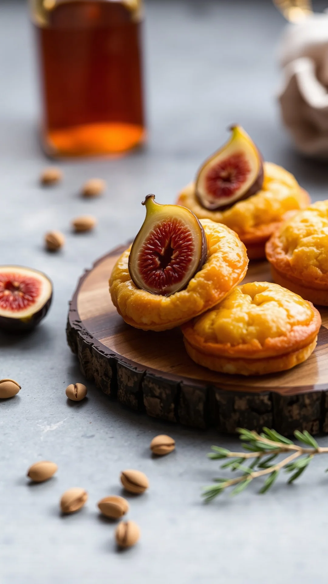 Golden financiers with fig and pistachio garnish arranged on rustic wooden board, delicate pastry texture visible, autumn moo