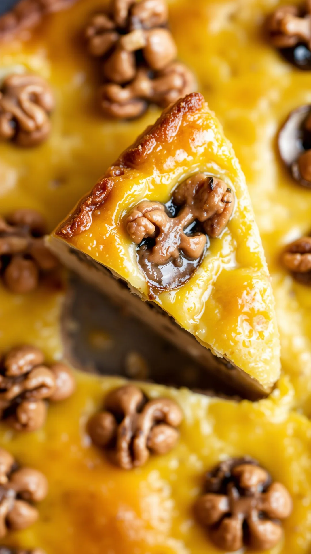 Golden pastry mushroom tart with caramelized walnuts, slice cut showing creamy filling, rustic autumn vegetarian pie close-up