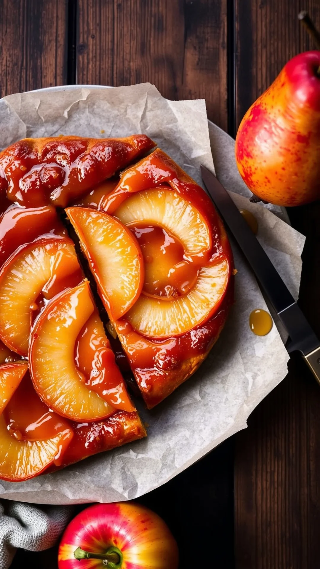 Golden upside-down pear tatin tart with caramel glaze, sliced pears visible, warm autumn aesthetic