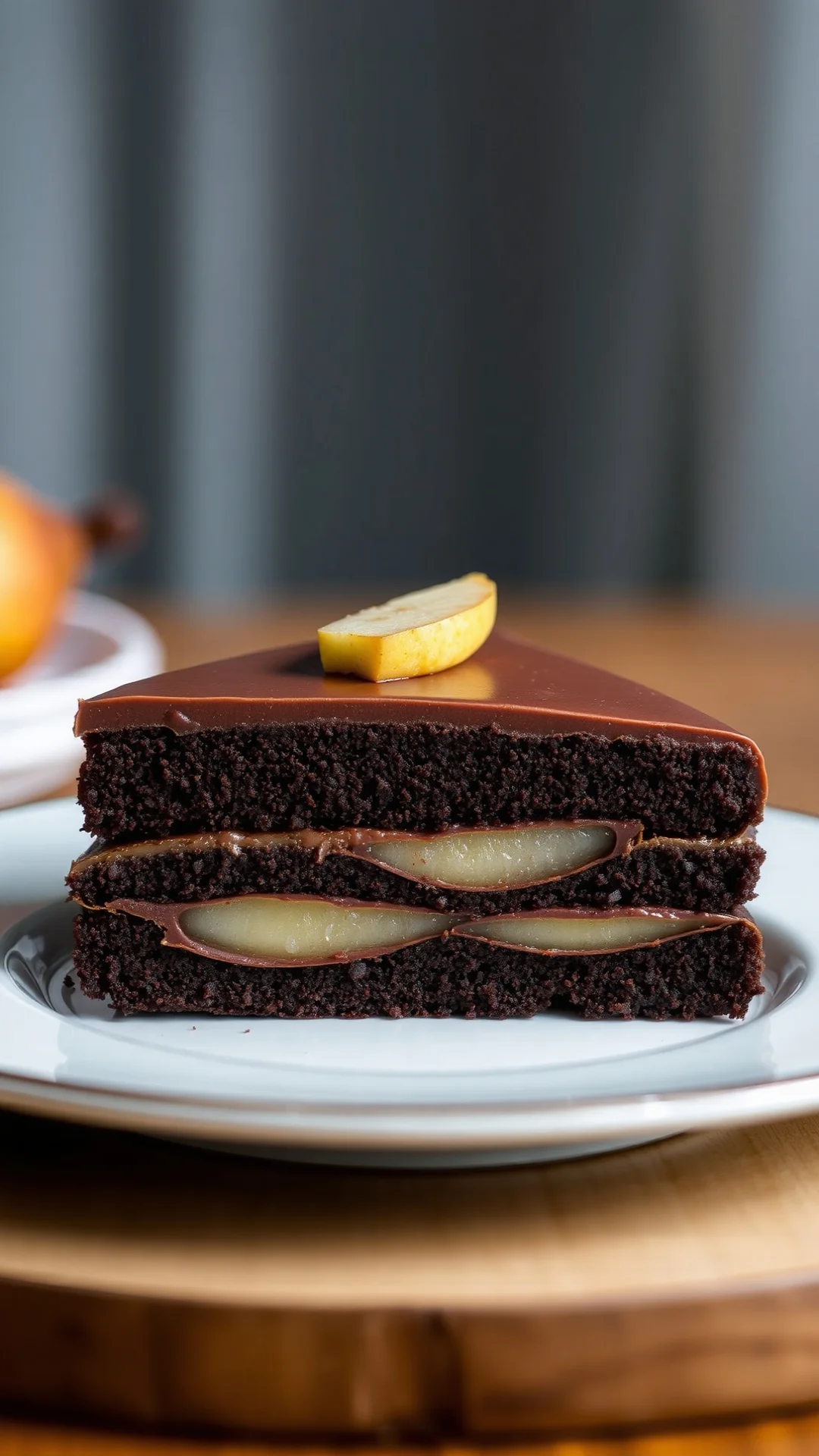 Gourmet chocolate pear cake slice cross-section showing layers, dark chocolate and green pear, elegant plating, warm moody li