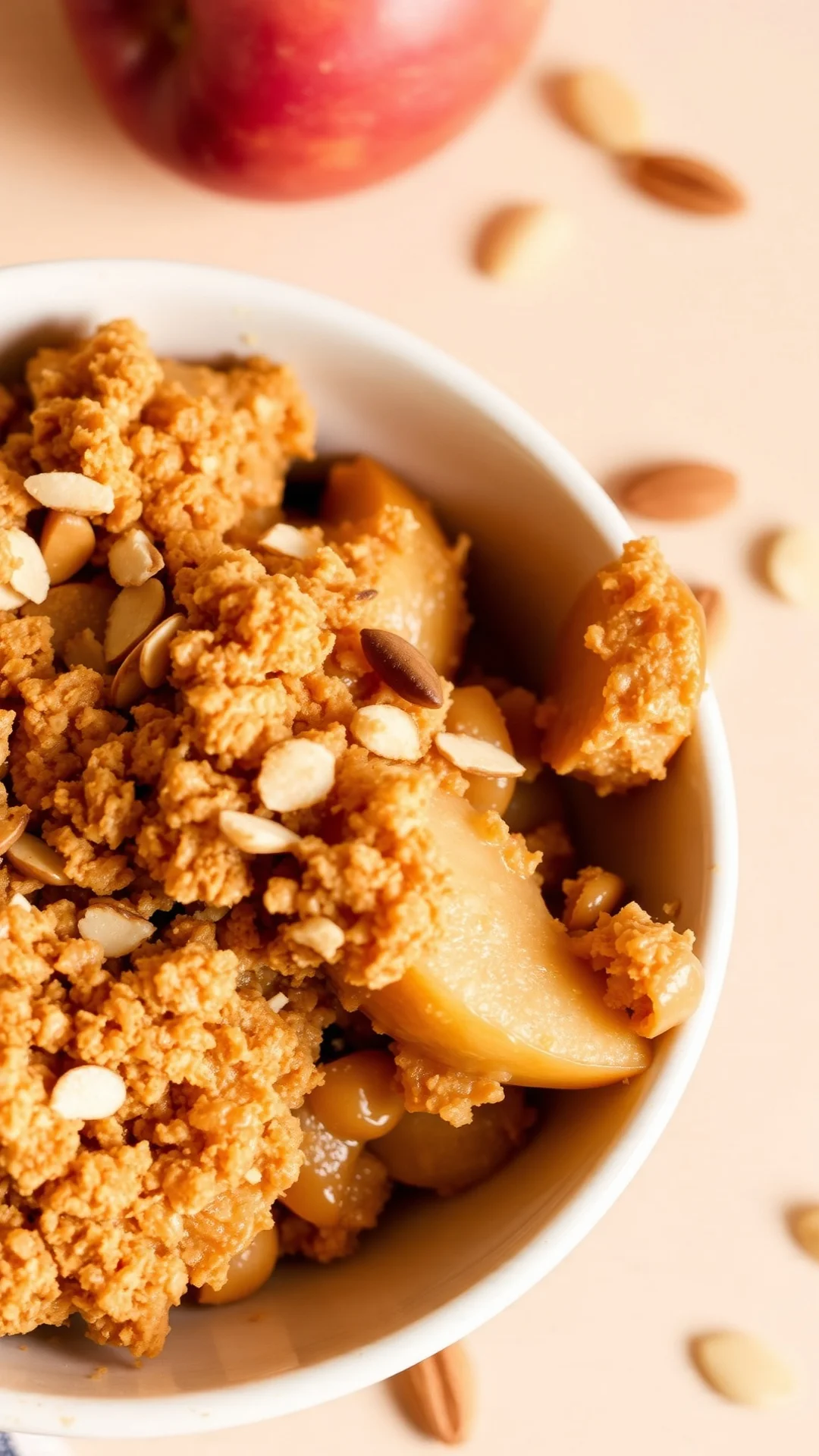 Homemade apple almond crumble with crispy topping, golden baked, served in white bowl, warm lighting, scattered almonds, comf