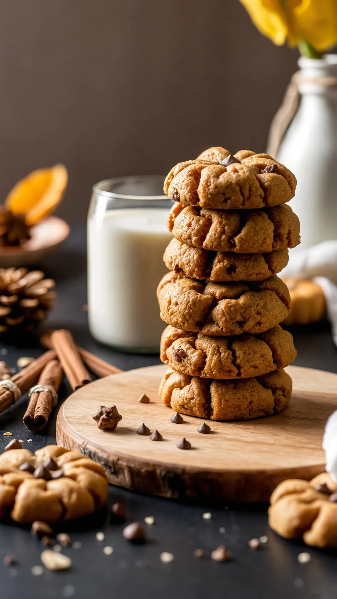 Homemade pumpkin ginger cookies stacked on wooden board, decorated with cinnamon, soft natural daylight, cozy autumn setting