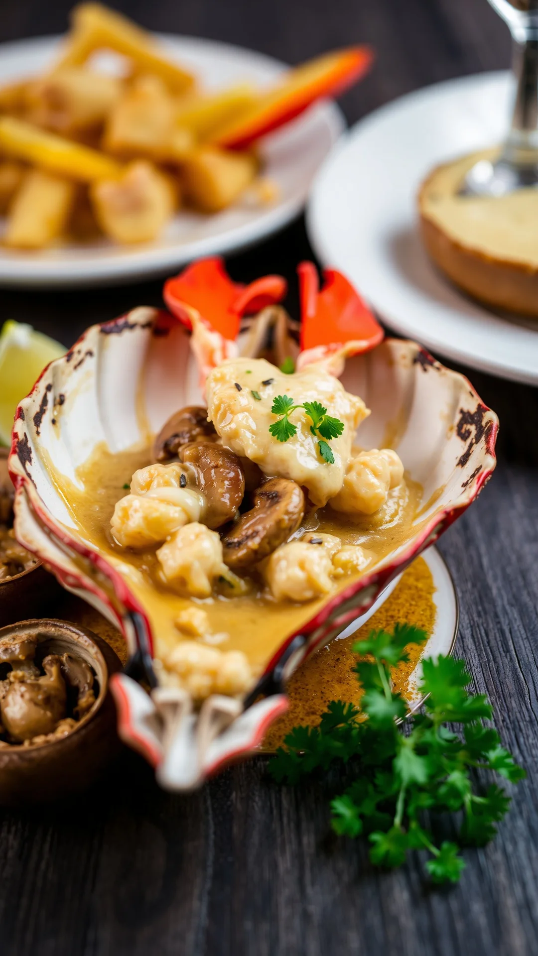 Lobster Thermidor classic dish, wild mushrooms, rich sauce, elegant shell presentation, restaurant quality