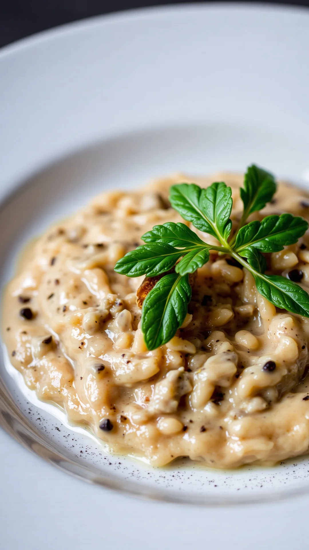 Luxury black truffle risotto with foie gras, gold leaf, creamy texture, gourmet plating style