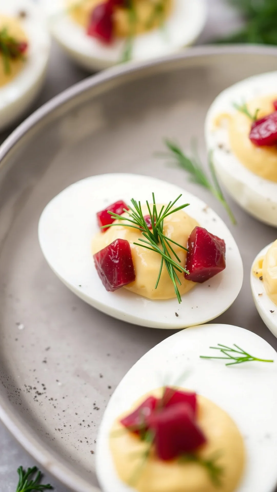 Mimosa eggs filled with herbed mayonnaise, topped with beet dice and dill, close-up portrait shot, sophisticated plating