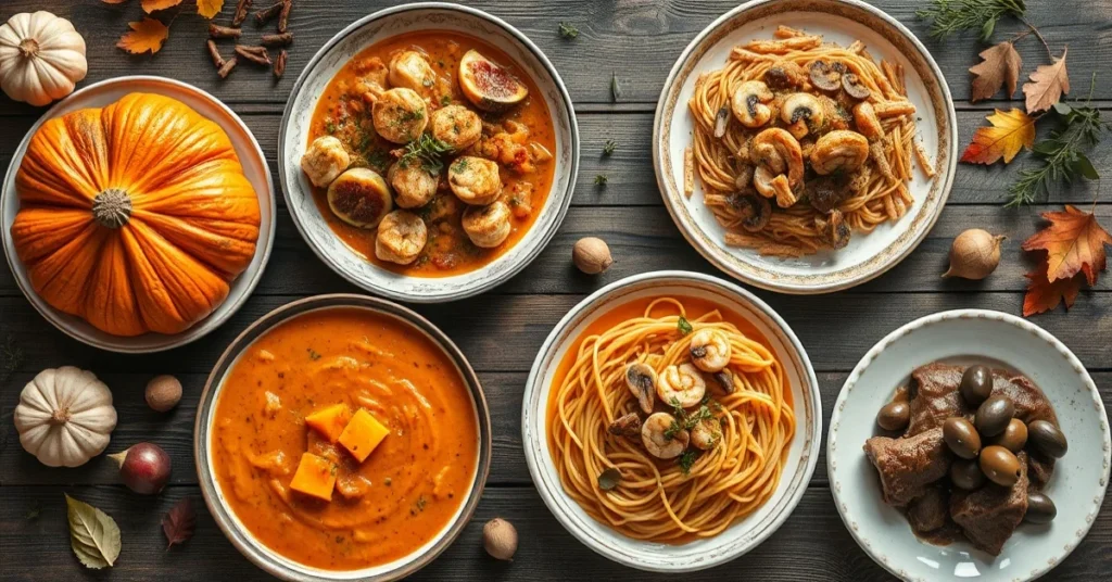 Overhead landscape arrangement of five Mediterranean autumn dishes: roasted pumpkin, chicken fig stew, butternut soup with sh