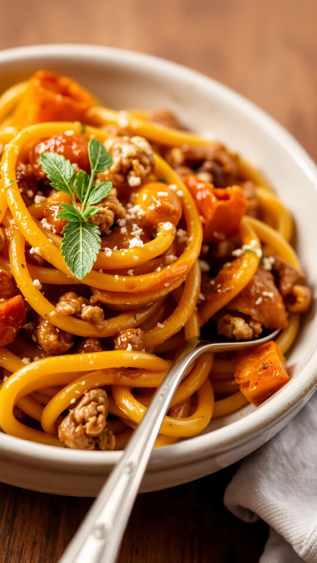 Pasta with roasted squash and walnut sauce, Italian autumn cuisine, warm earthy tones, fresh herbs garnish, macro food photog