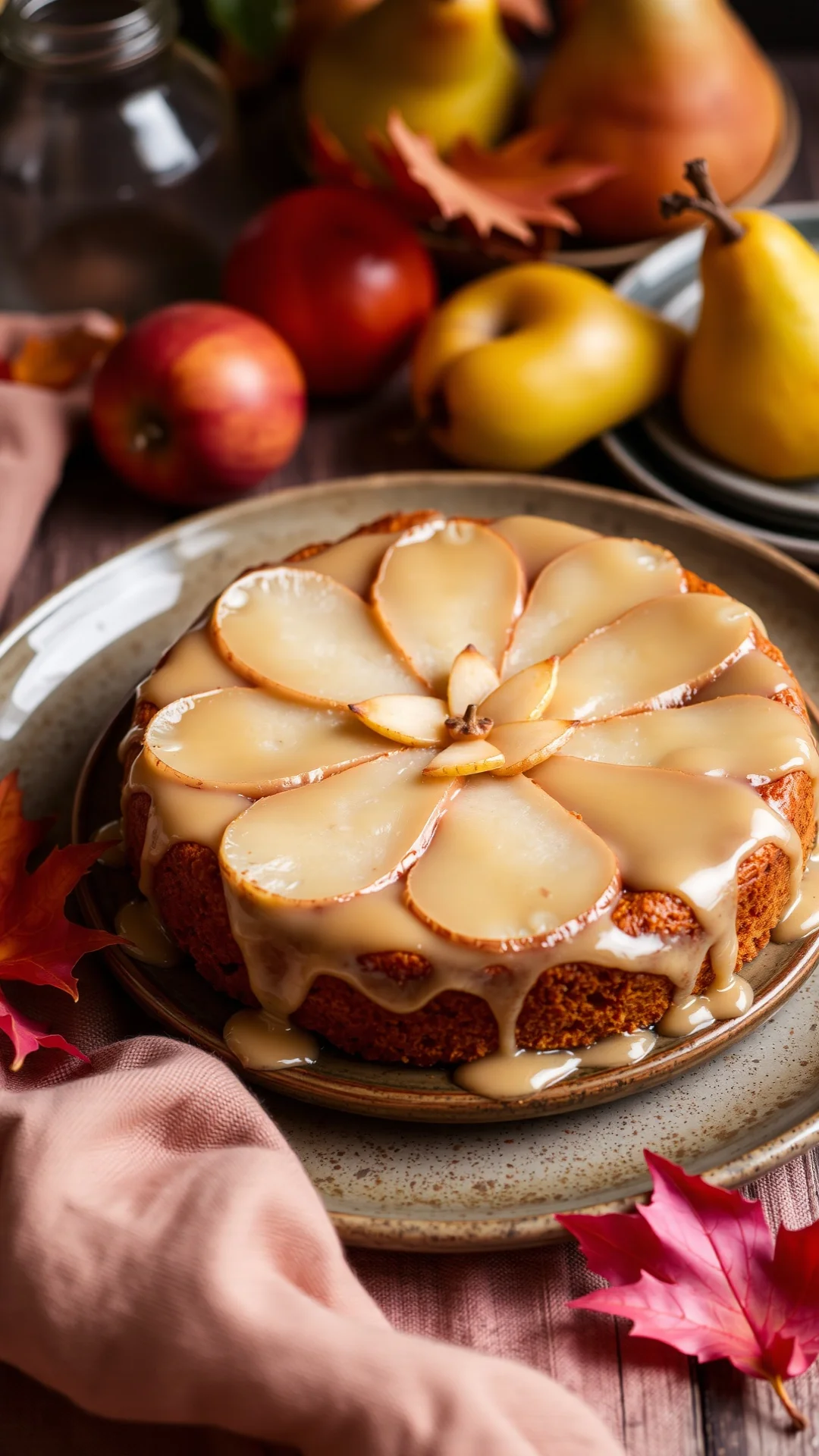 Pear almond cake with honey glaze, pears arranged in rosette pattern, golden icing, rustic ceramic plate, cozy autumn aesthet