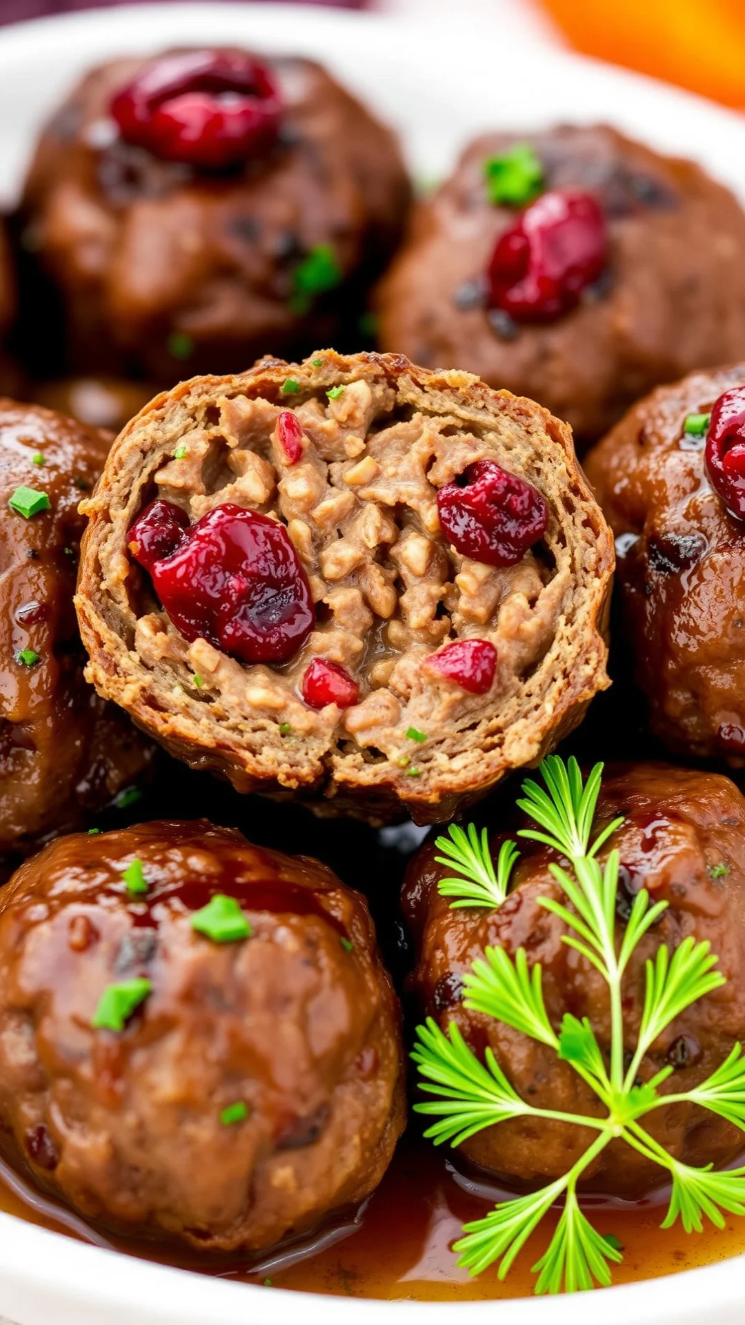 Perfectly cooked beef meatballs with dried cranberries, cross-section showing juicy interior and tender texture, autumn food