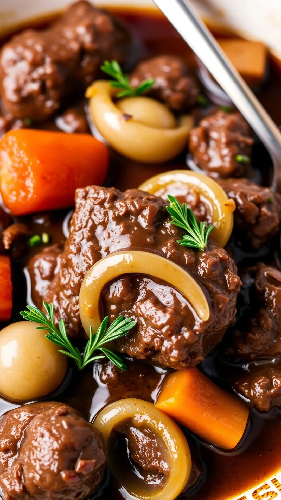 Rich beef bourguignon with pearl onions, mushrooms, carrots, burgundy wine sauce, tender meat, French classic winter stew
