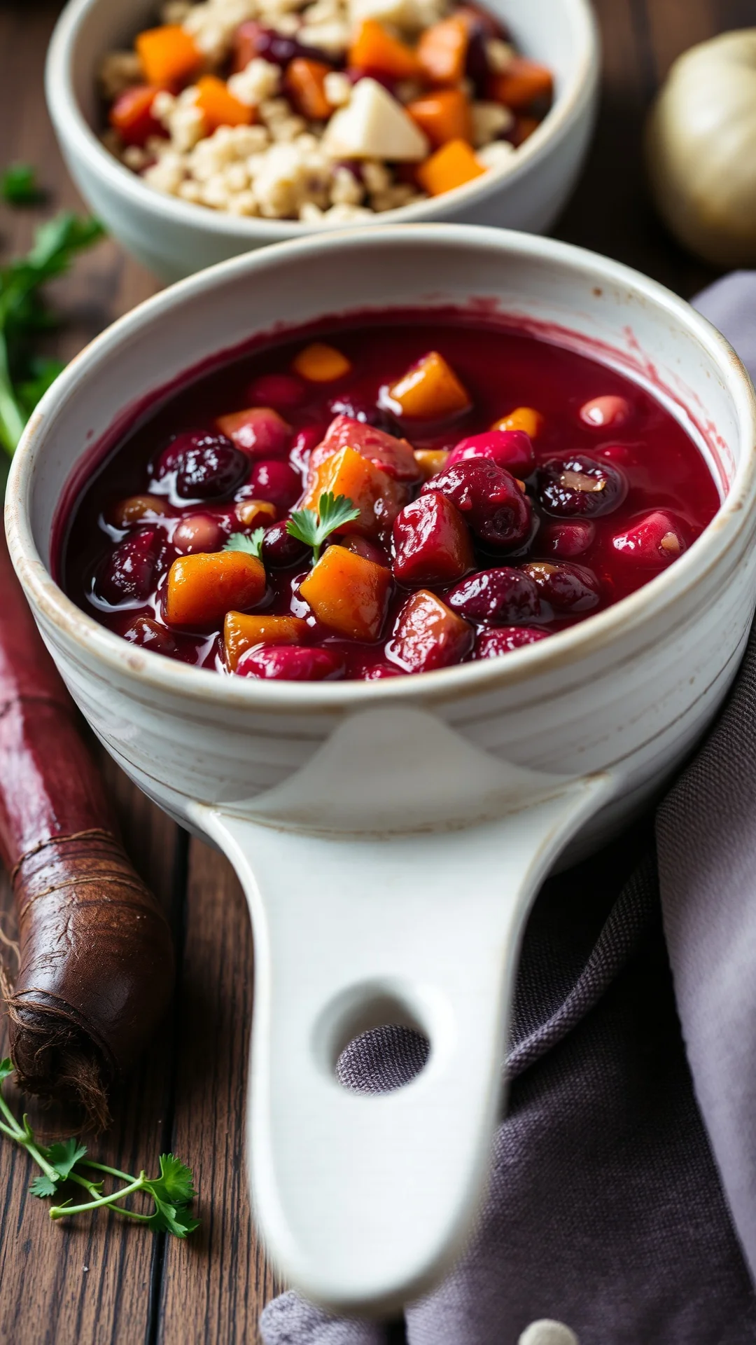 Rich burgundy beet and red bean stew in ceramic bowl, hearty vegetable ragout, autumn harvest ingredients visible