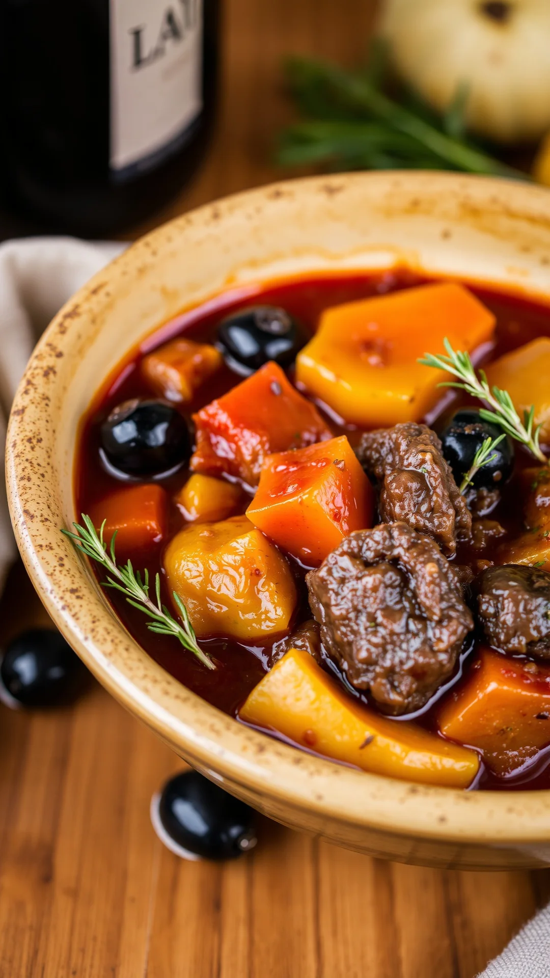 Rich Provençal beef stew with root vegetables, black olives, tender meat pieces, deep red wine sauce, aromatic herbs, cozy a