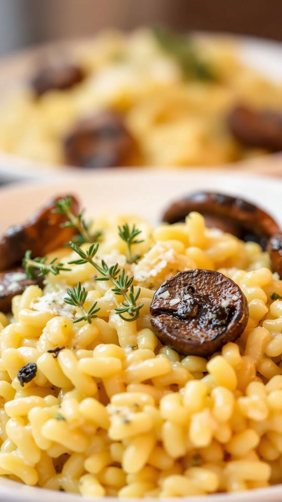 Risotto mushrooms creamy rice dish with fresh thyme and parmesan cheese, close-up food photography, warm plate presentation,