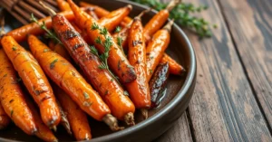 Roasted autumn carrots with herbs and honey on rustic wooden table, golden caramelized vegetables, fresh thyme garnish, natur