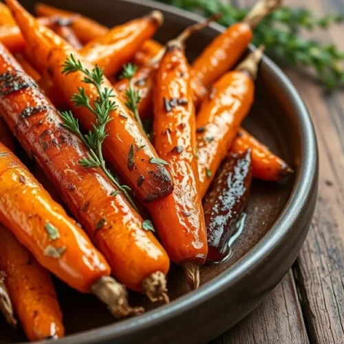 Roasted autumn carrots with herbs and honey on rustic wooden table, golden caramelized vegetables, fresh thyme garnish, natur