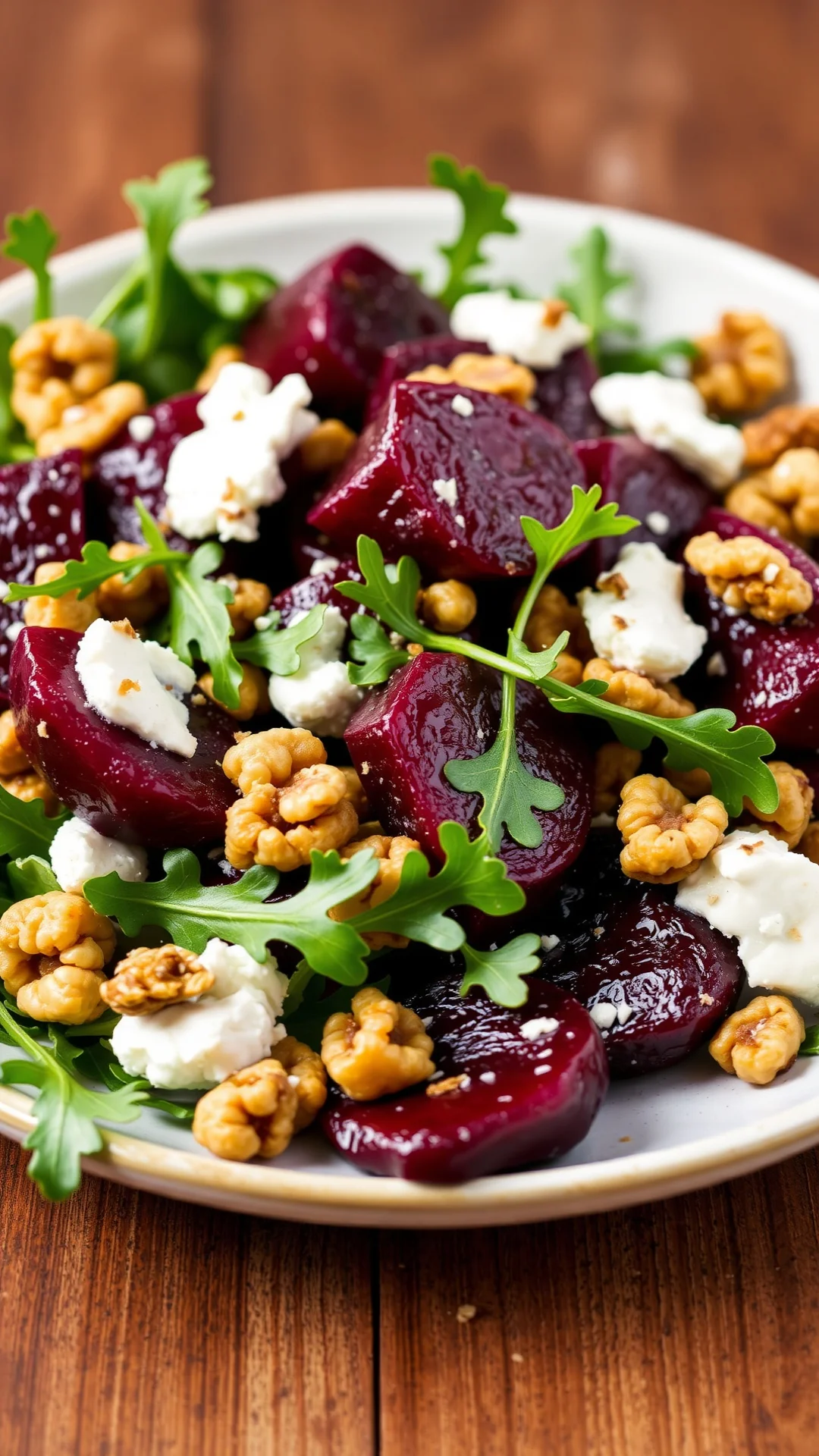 Roasted beets salad with creamy goat cheese, walnuts, arugula leaves, vibrant colors, gourmet plating, autumn healthy salad,