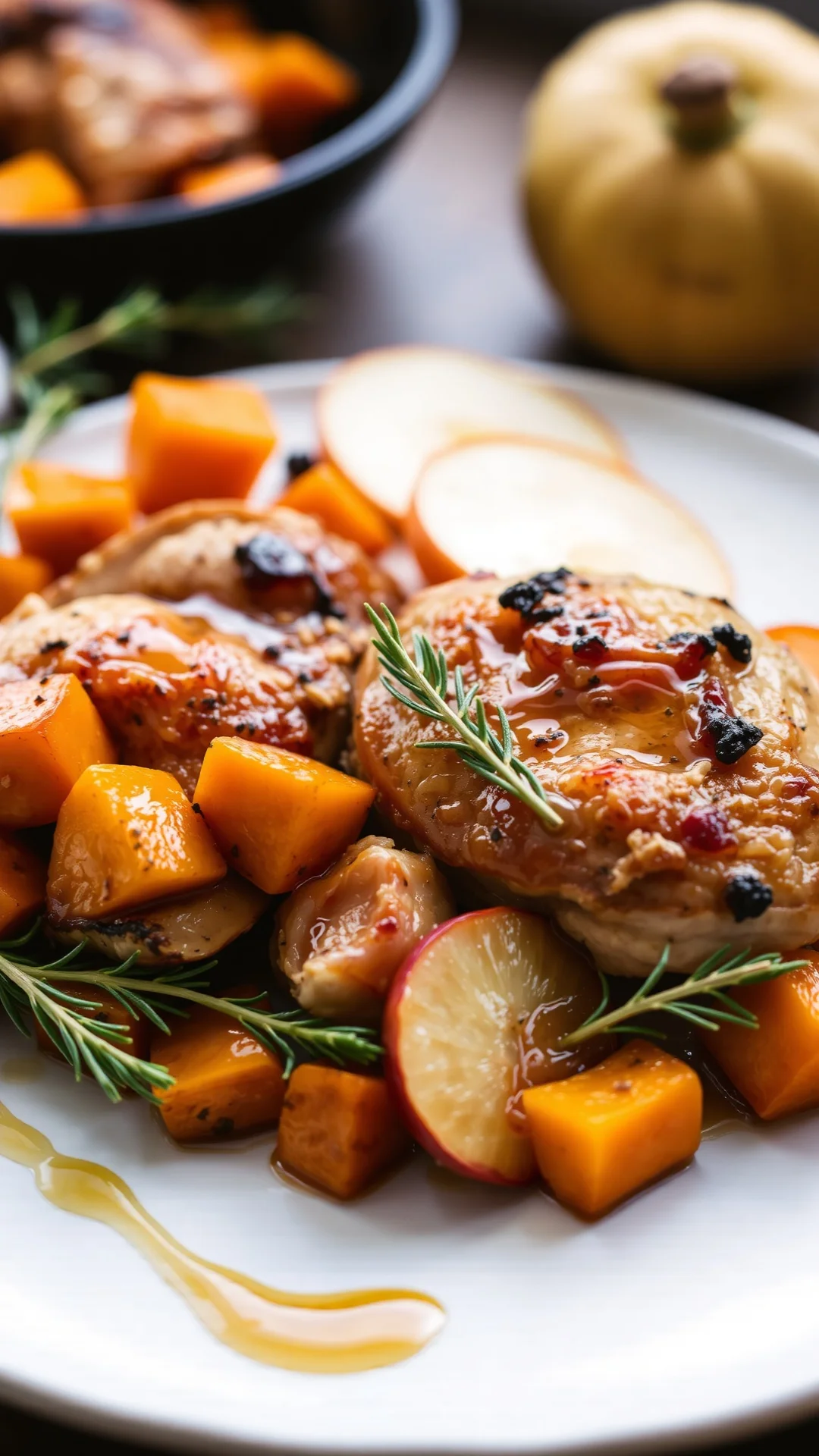 Roasted chicken thighs with caramelized butternut squash cubes and apple slices drizzled with honey, rustic autumn plating