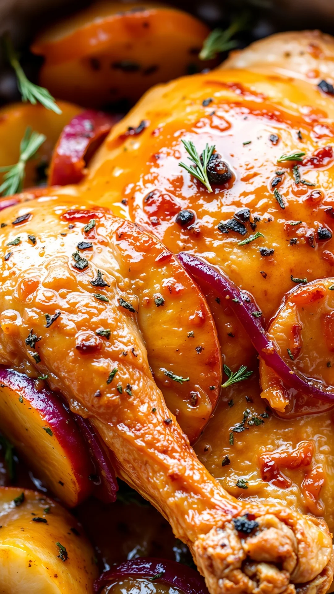 Roasted chicken with caramelized apples and red onions, golden brown skin, herbs, close-up food photo, warm autumn lighting,