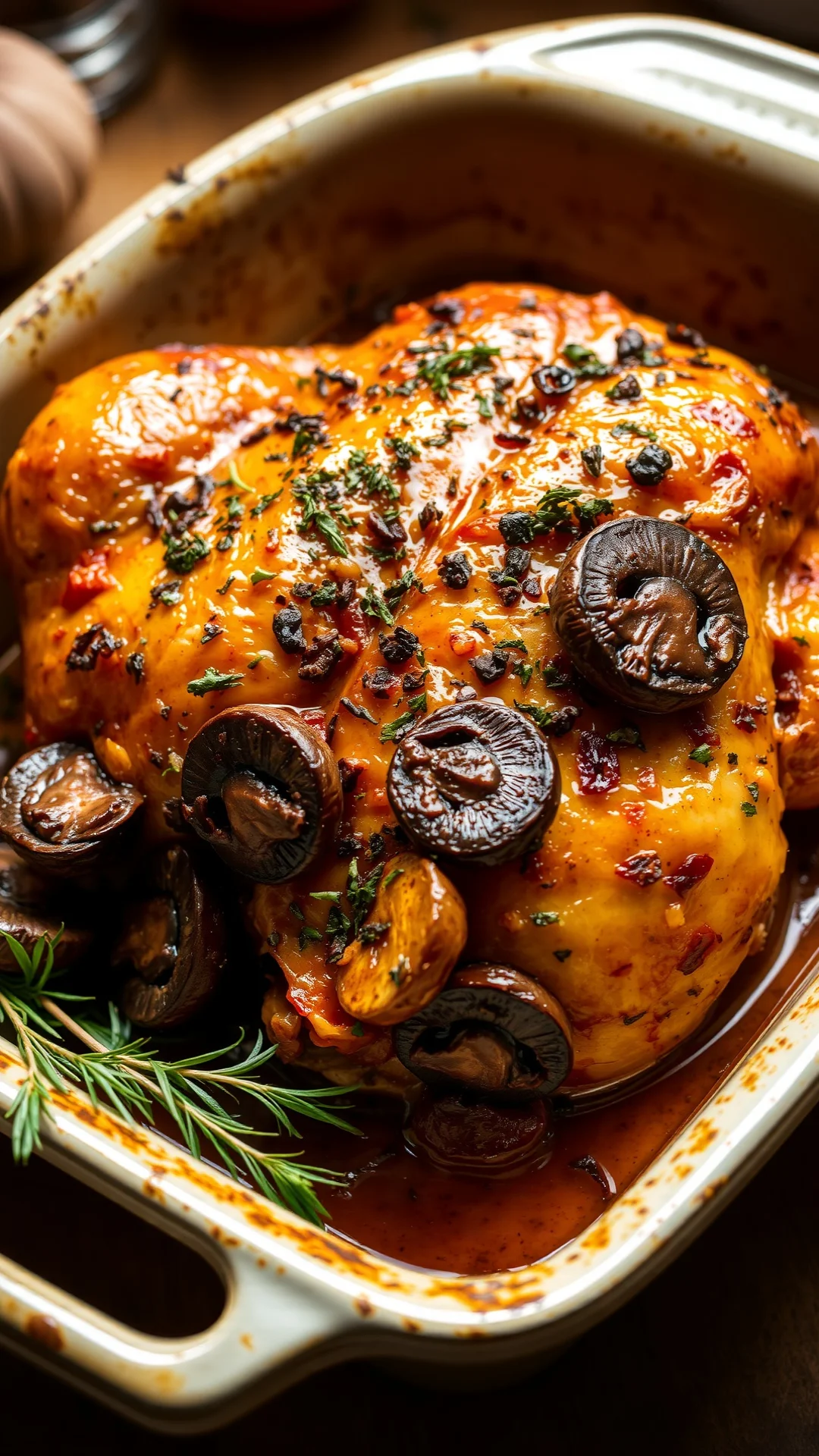 Roasted golden chicken with wild mushrooms and herbs, crispy skin, rustic serving dish, autumn herbs, warm kitchen lighting,
