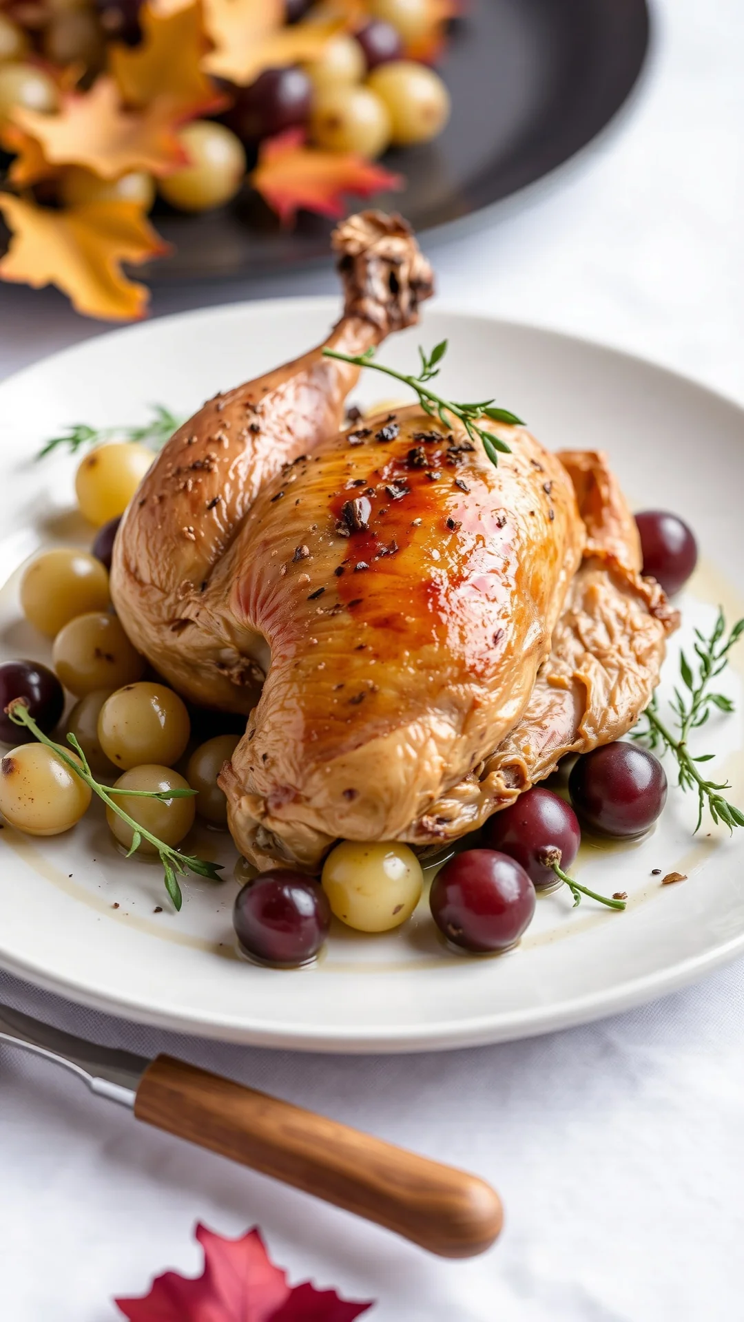 Roasted guinea hen white grapes foie gras truffle, elegant carved presentation, autumn sophistication