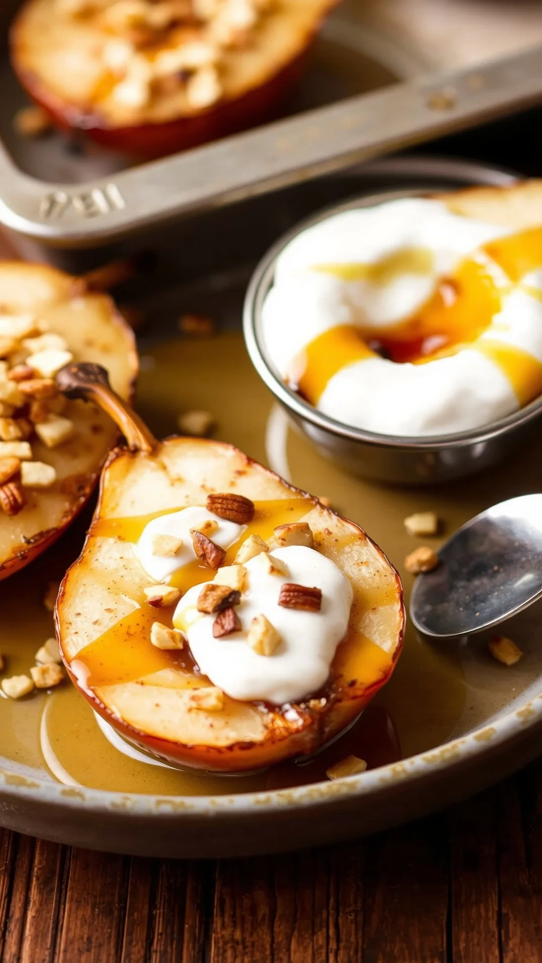 Roasted pears halves with almond topping and honey drizzle, cinnamon ginger spices, served with yogurt, warm golden light