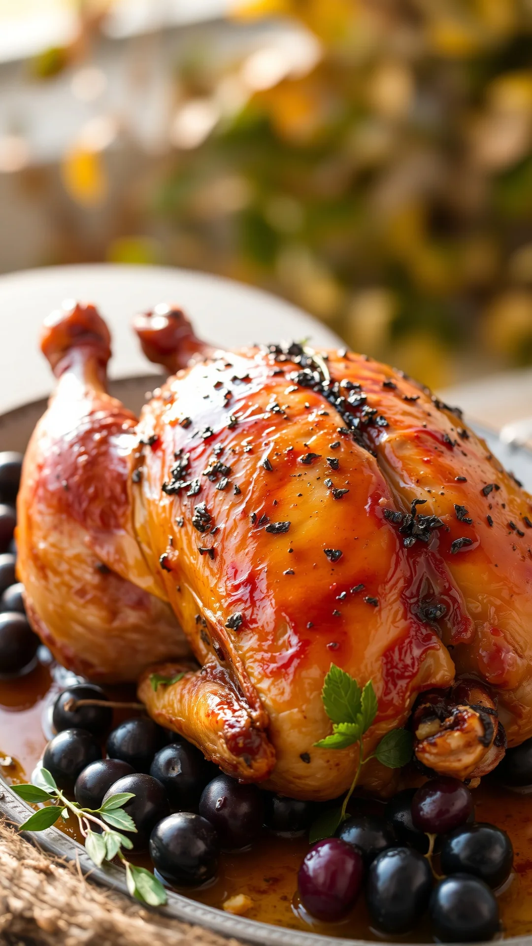 Roasted whole golden chicken with black grapes and herbs, honey glaze, rustic platter, warm autumn sunlight, appetizing close