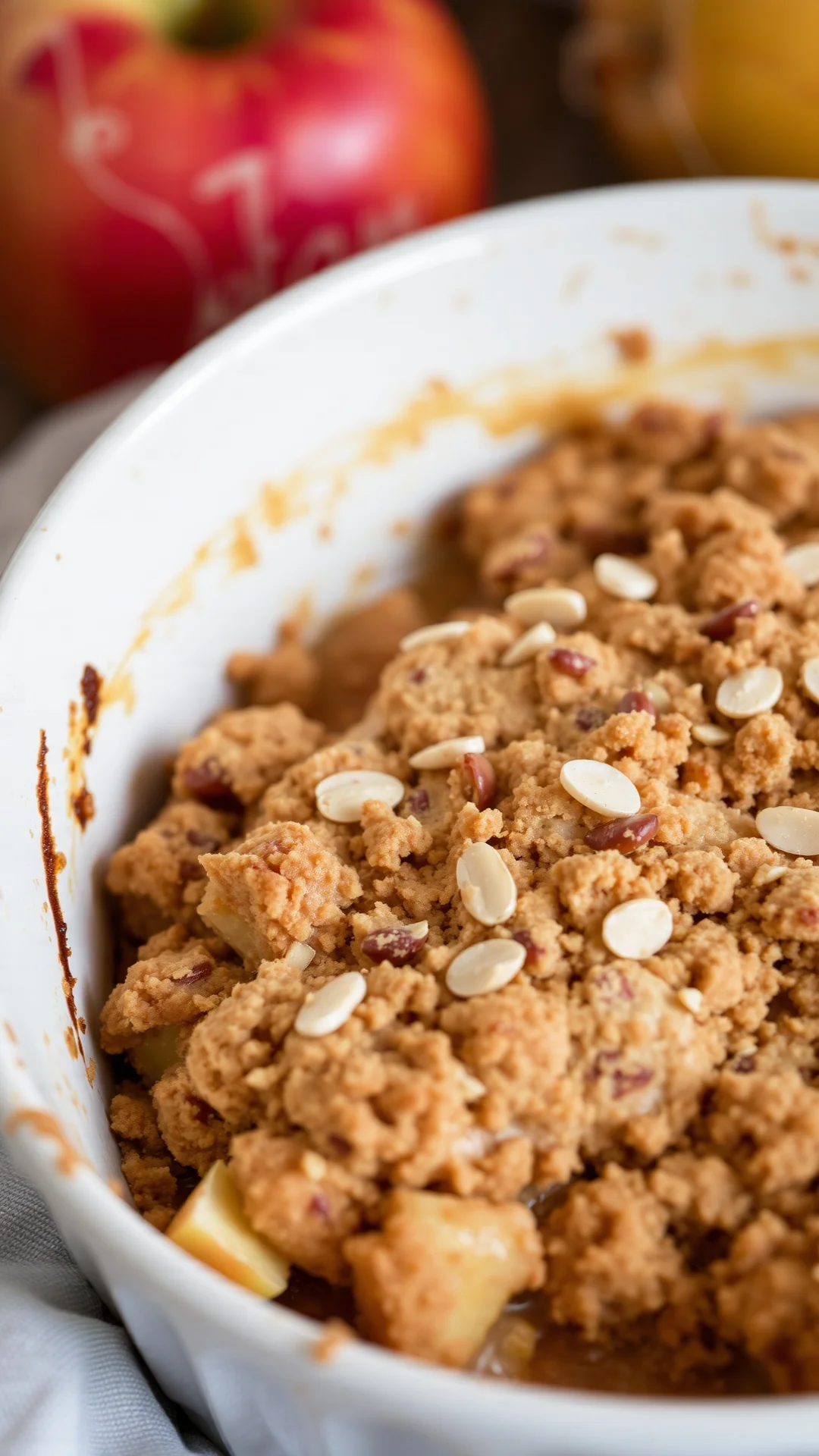 Rustic apple cinnamon crumble with almond topping, golden crispy texture, served in ceramic baking dish, warm autumn colors,