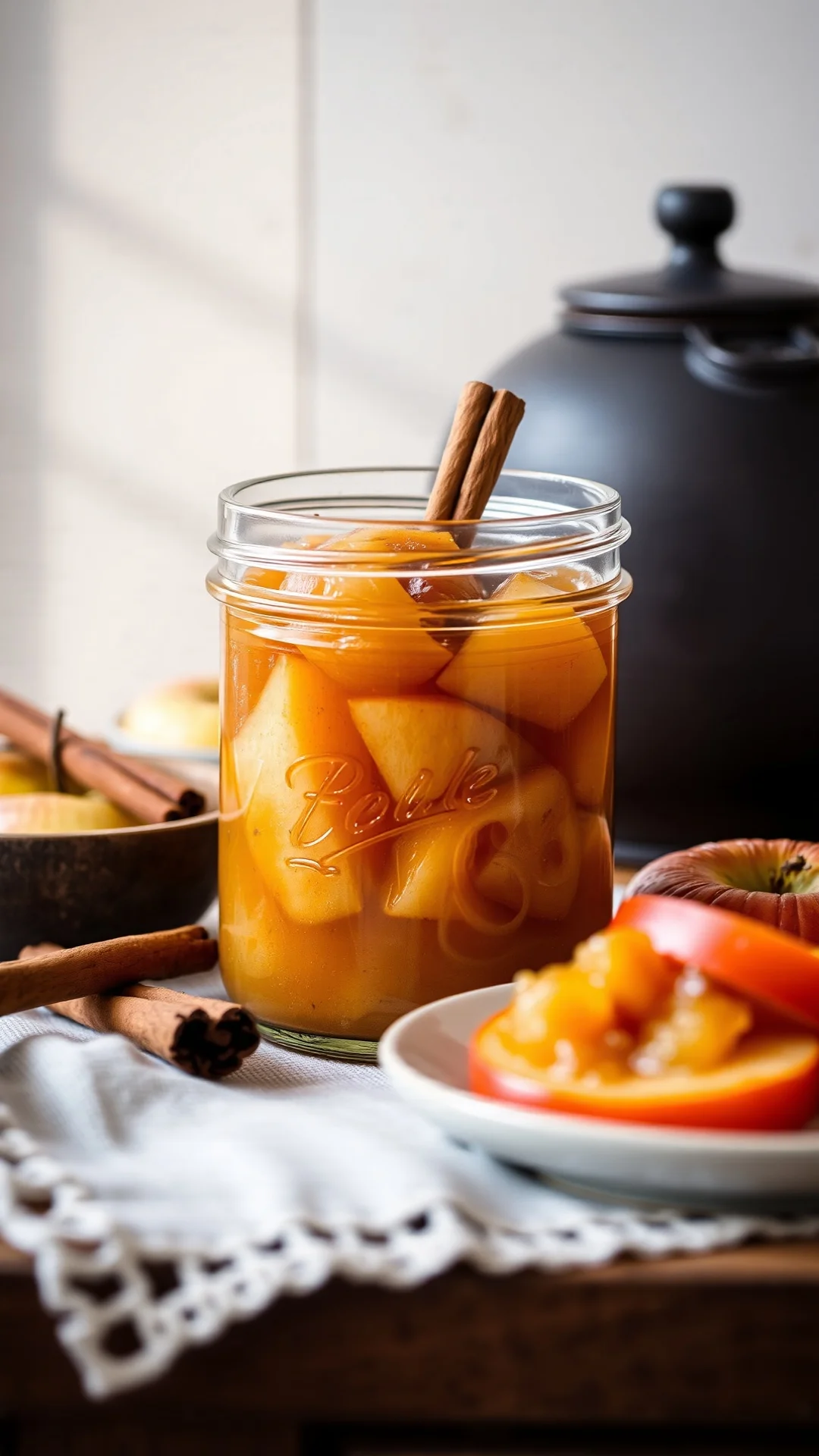 Rustic homemade apple compote in glass jar, cinnamon stick, warm tones, morning light, natural ingredients, artisanal food ph