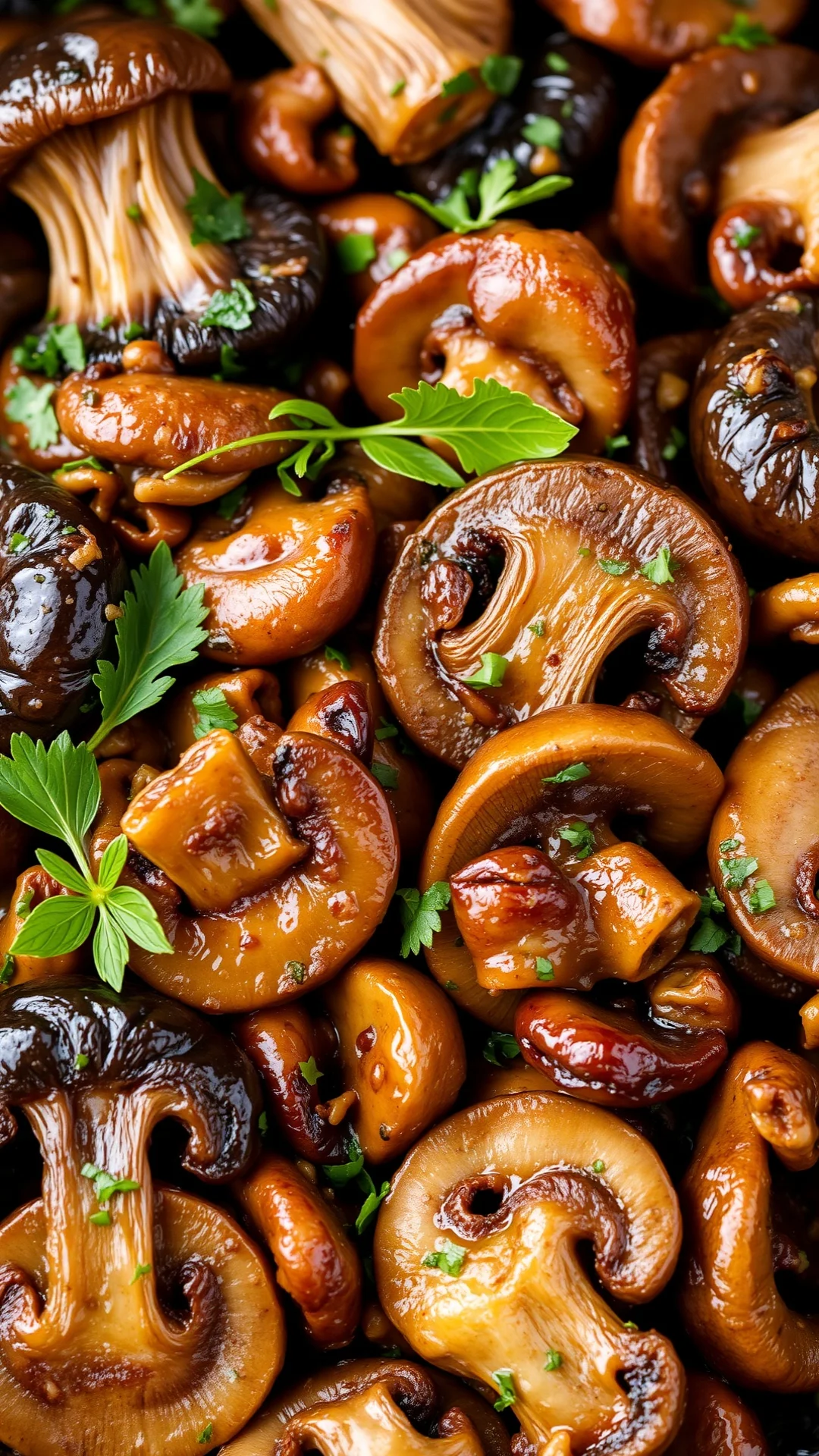 Sautéed wild mushroom mix with fresh herbs, girolles and cepes, golden brown cooked mushrooms, rustic French cooking, food c