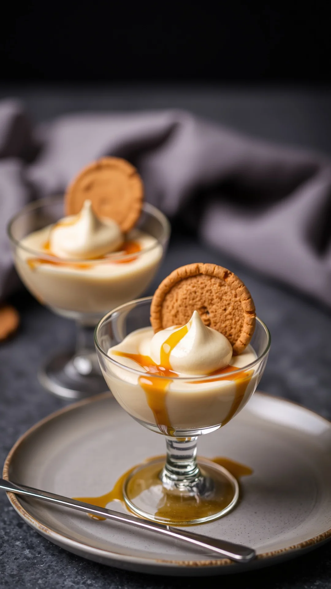 Silky smooth honey and spice mousse in elegant glass cup, garnished with crispy tuile cookie, warm caramel drizzle, professio