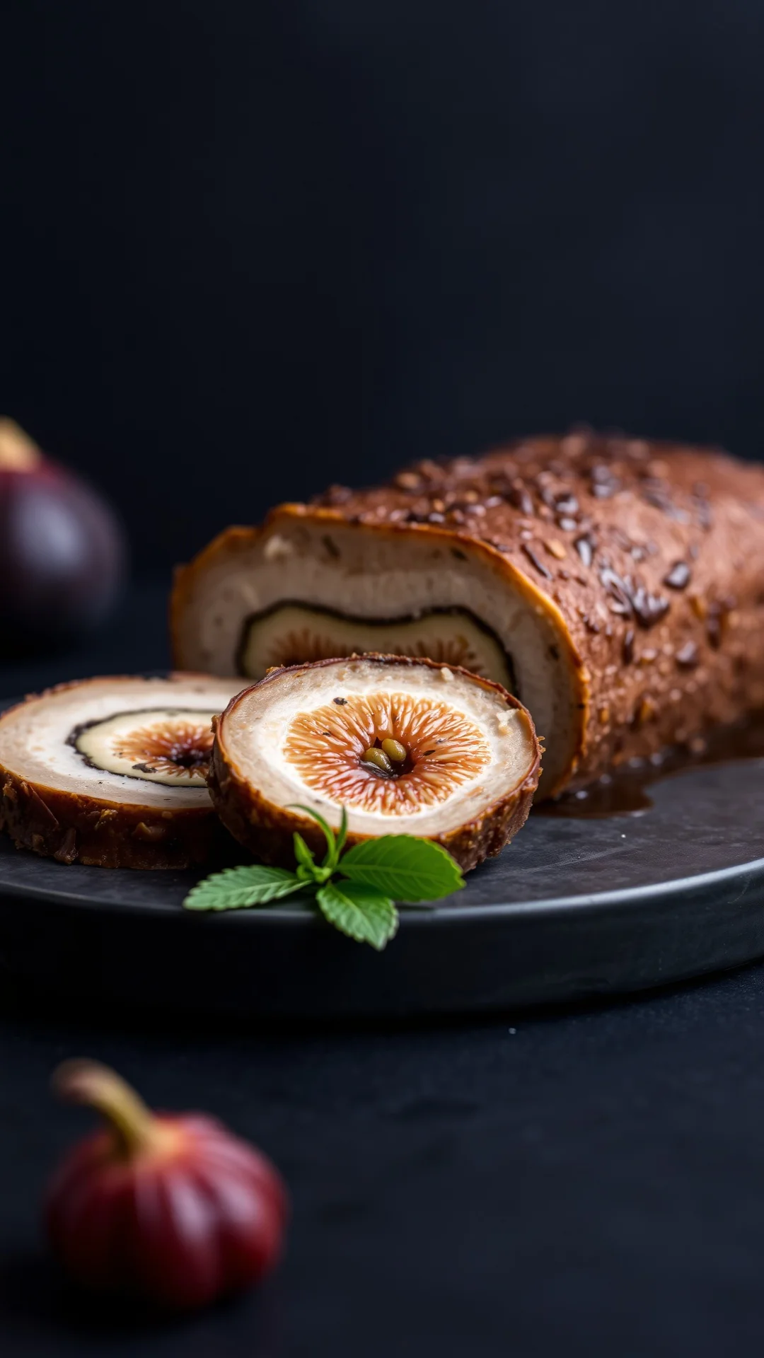 Sliced foie gras and dried figs terrine with aspic, cross-section view, dark background, luxury food photography