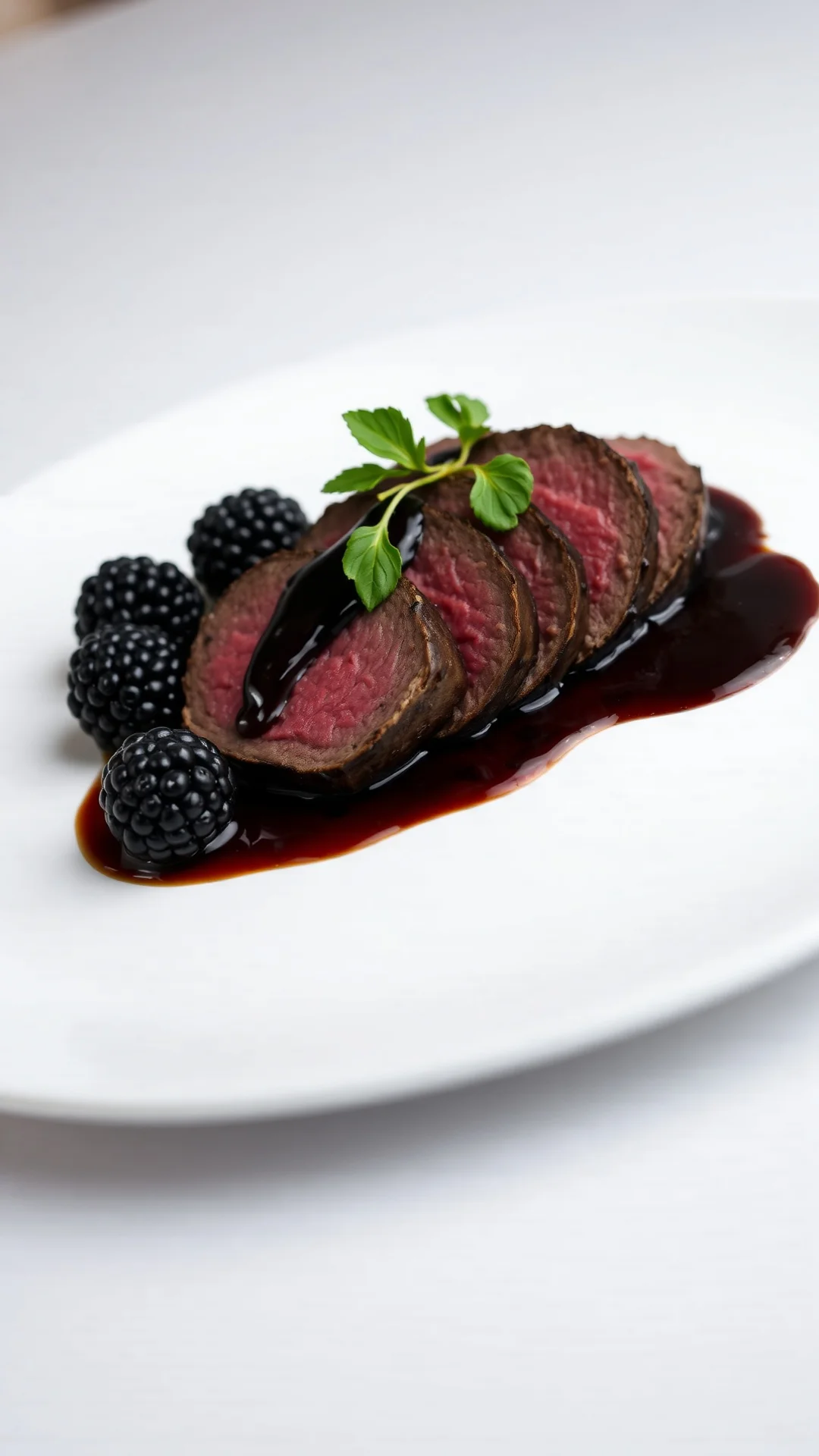 Sliced venison filet rare medium, fresh blackberries, balsamic reduction, white plate, elegant plating, restaurant quality ph